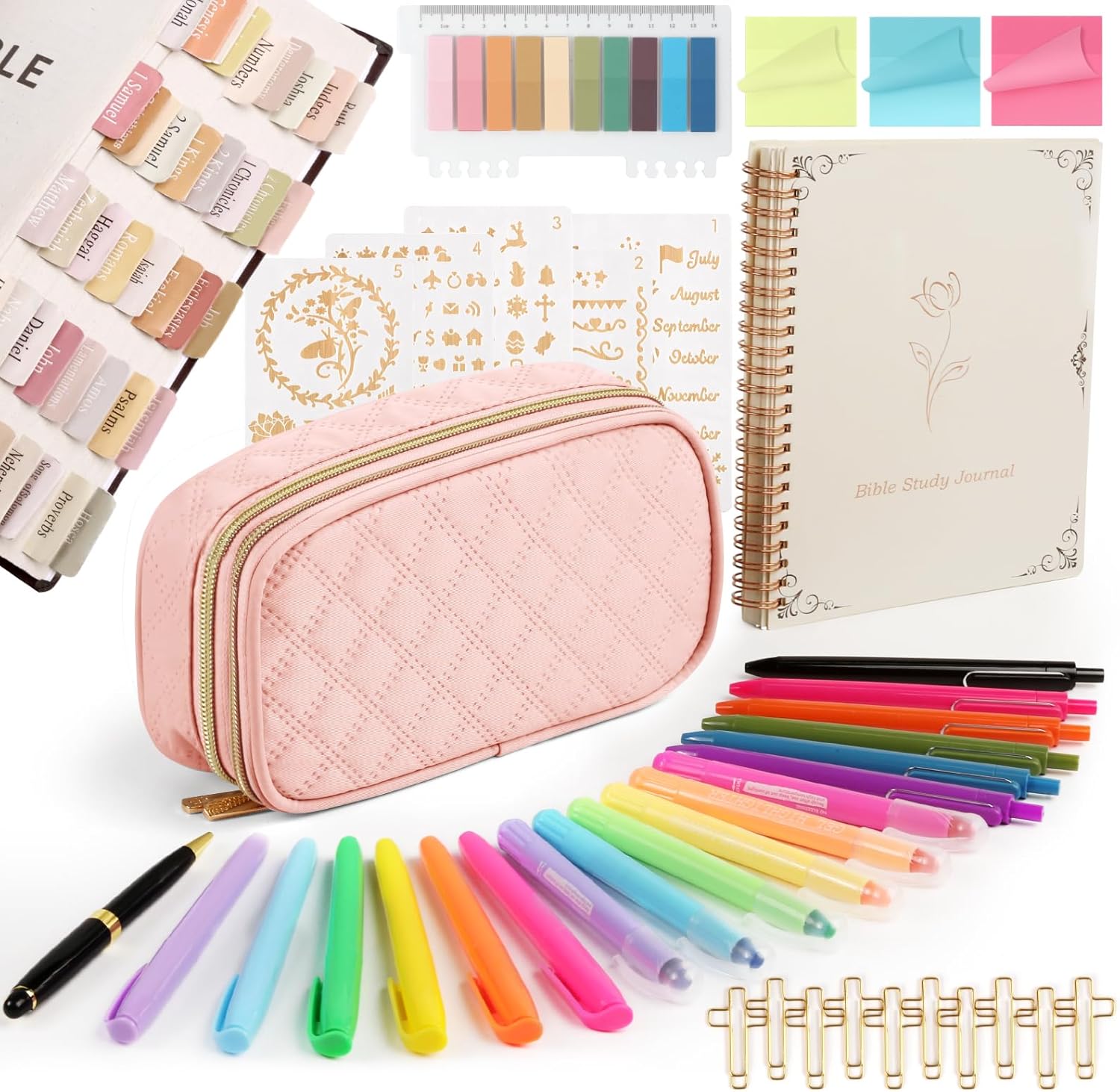 BellaHold Bible Study Kit for Women and Girls – 50PCS Journaling Supplies, 11 Bible Accessories, No-Bleed Highlighters, Pens, Bible Tabs, Large Pencil Case, Christian Gift (Light Pink)