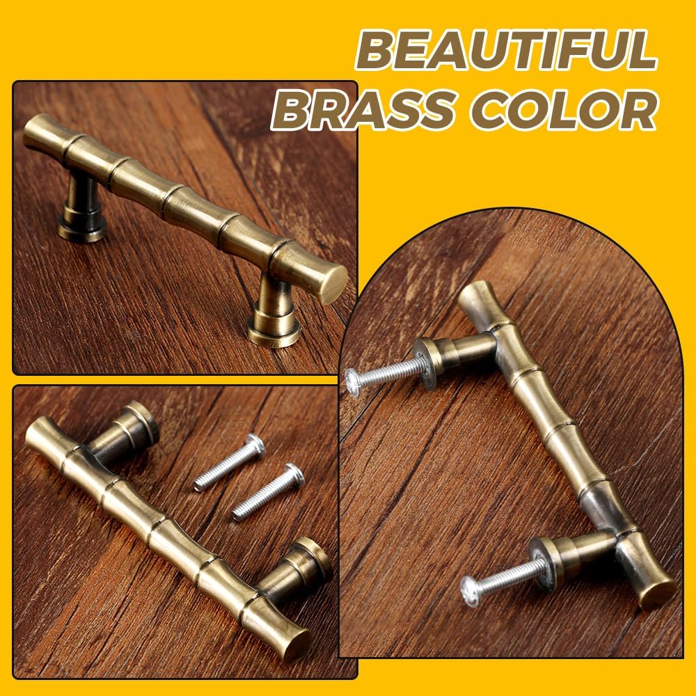 Mgoodoo 5PCS Bamboo Shape Handle, Zinc Alloy Brass Drawer Pull 4.21'' Retro Knob Antique for Cabinet Closet Dresser Bathroom Wardrobe Cupboard(Hole Spacing 64mm/2.52'')