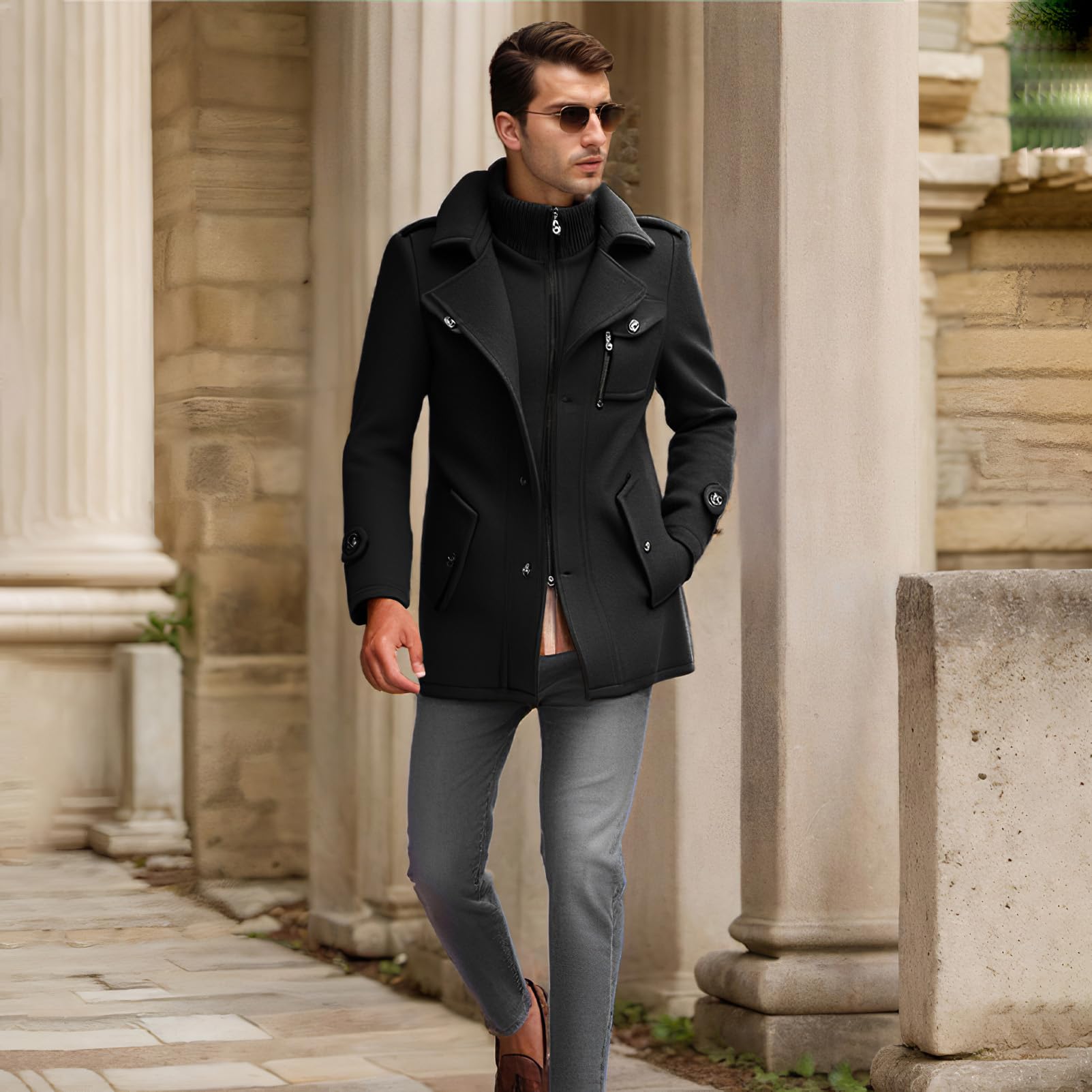 ANUFER Hombre Mezcla Lana Peacoat con Cuello Desmontable