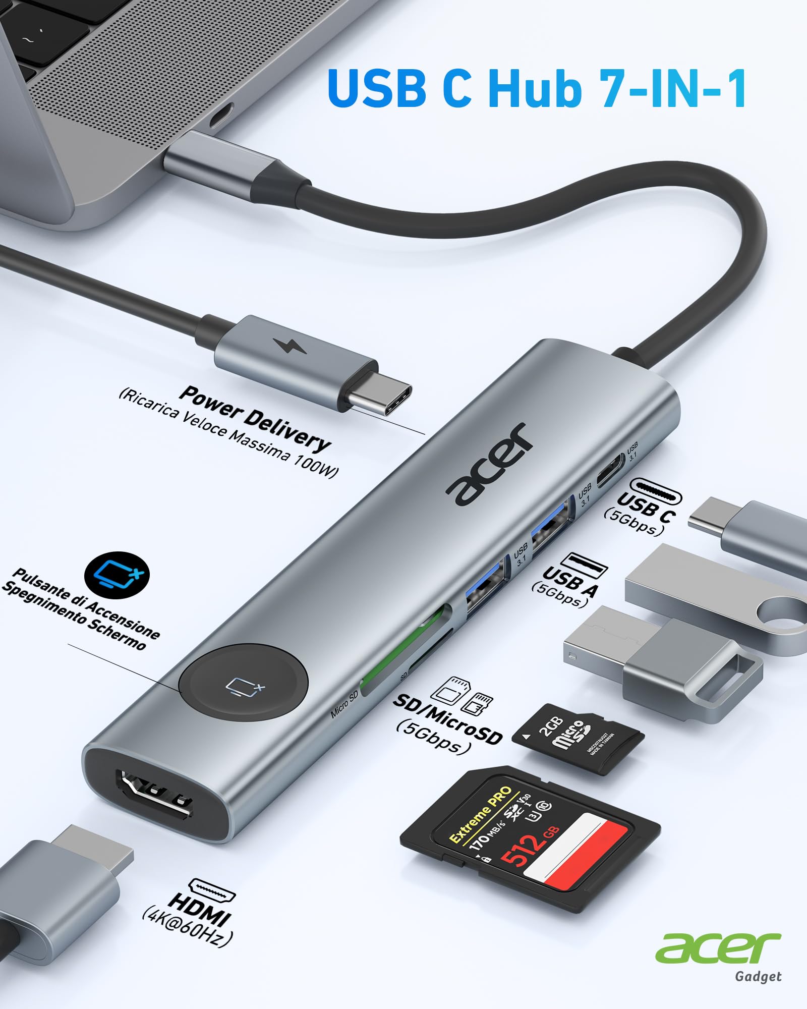 Hub USB C Acer 7-in-1 Con HDMI 4K, Ricarica PD 100W E Pulsante Privacy - Per IPad Pro E PC - Foto 2