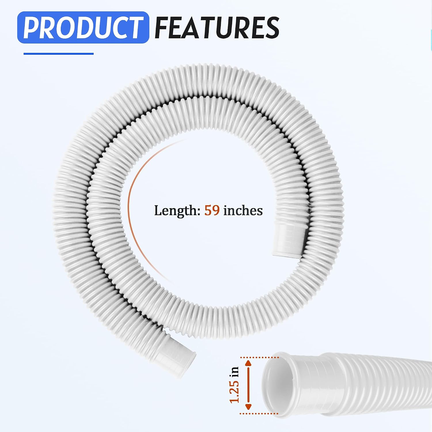 1.25" x 59" Above Ground Pool Hose Replacement - Heavy Duty Pool Filter Pump Hoses - for Intex 607, 637, 330, 530, 1000 GPH Filter Coleman Pumps - (6 Metal Clamps+ 3 Pck Pool Hose)