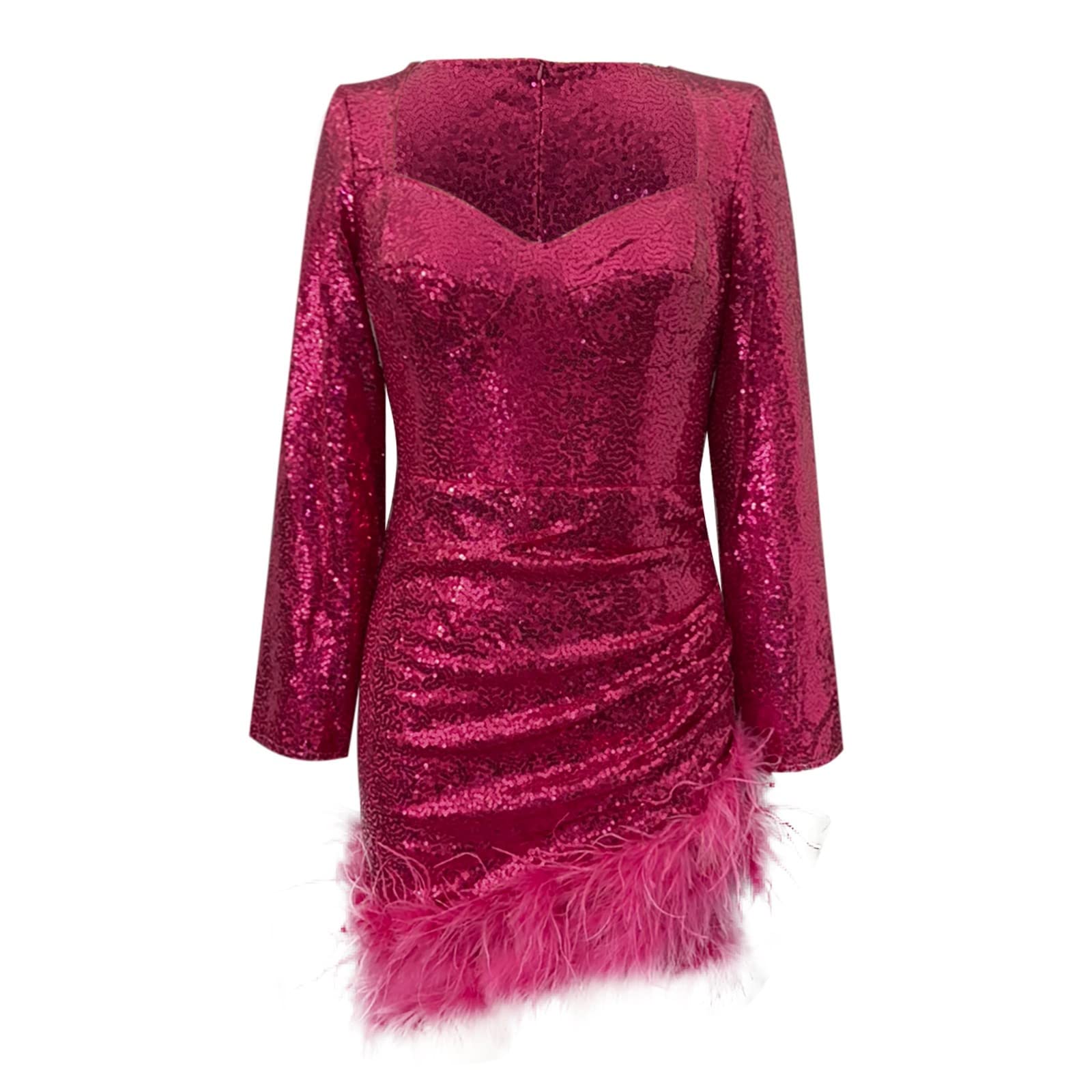 Vestido Coctel Mujer Vestidos De Fiesta Mujer Elegantes Cortos Manga Larga Costura Lentejuelas Pluma Sexy Noche Vestido para Bailes Y Bodas