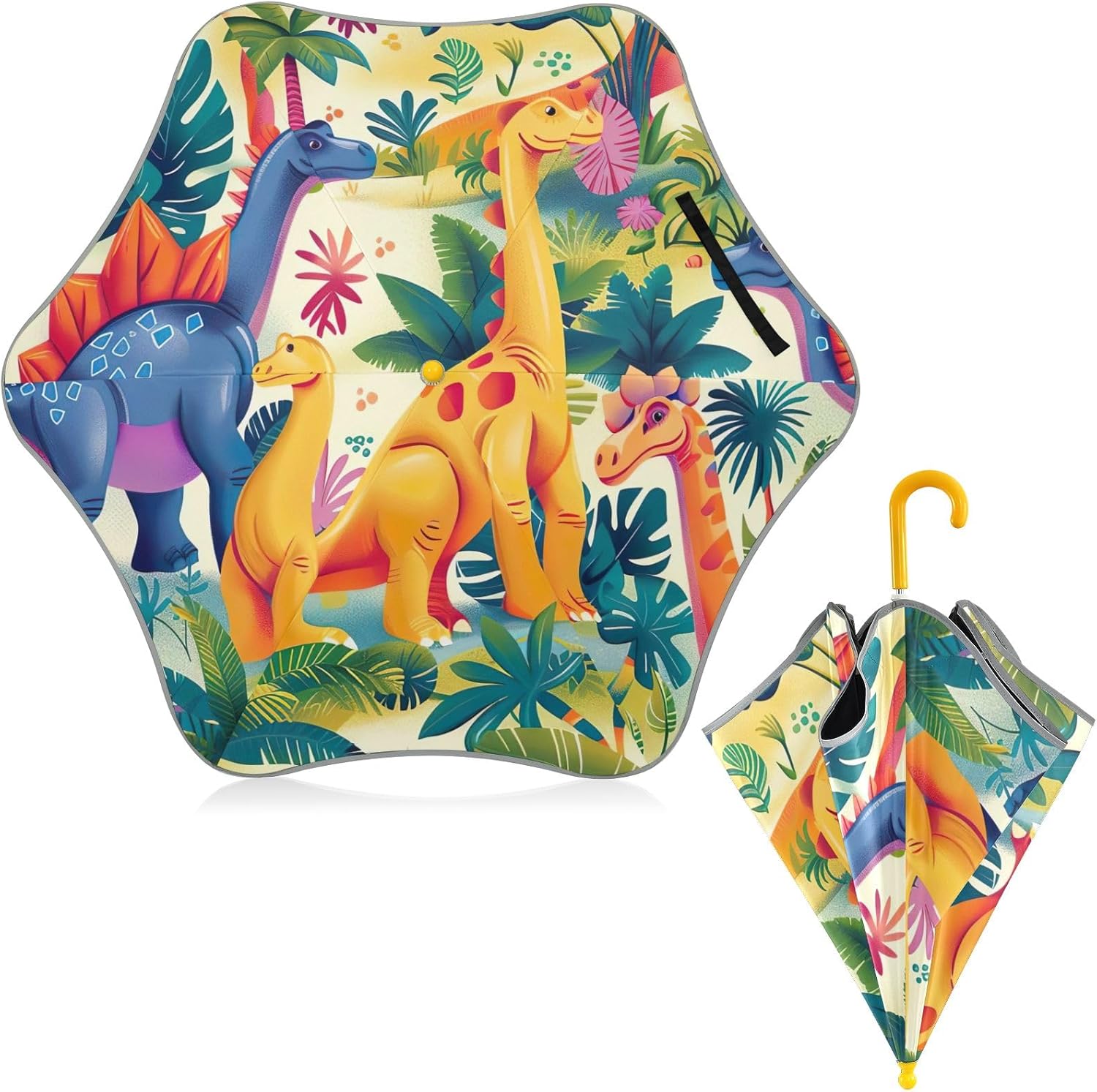 ODAWA Dinosaurs Tropical Jungle Stick Umbrellas with Reflective Strip Little Girl UV Umbrella Sun Protection Age 3-8