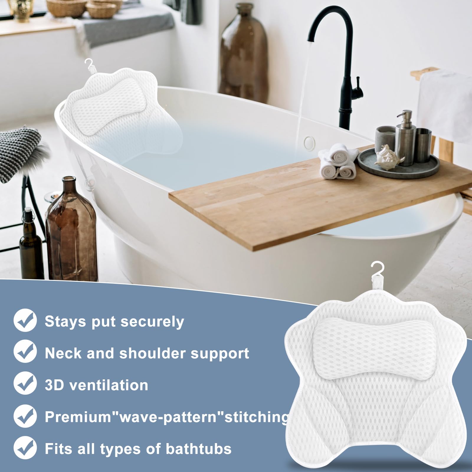 Almohada de Baño Malla 4D Cojín de Bañera con 6 Ventosas Antideslizantes Ergonómica para SPA en Casa
