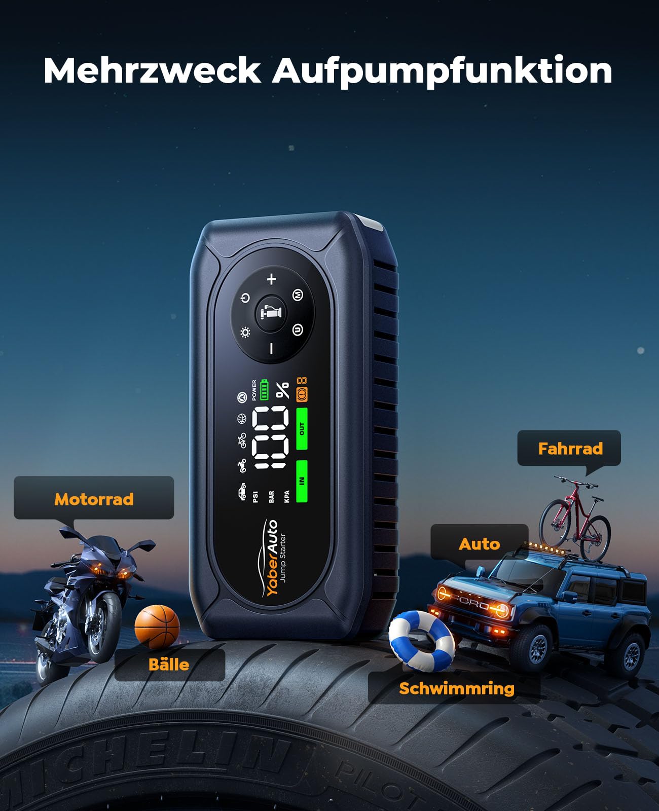 6000A Starthilfe Powerbank für Pkw mit Kompressor 150PSI, Auto Starthilfe Powerbank für Alle Benzin und 10.0L Diesel, Starthilfe mit 500 Lumen 4 Modi LED Licht und 3.3'' LCD Display, YaberAuto AP02