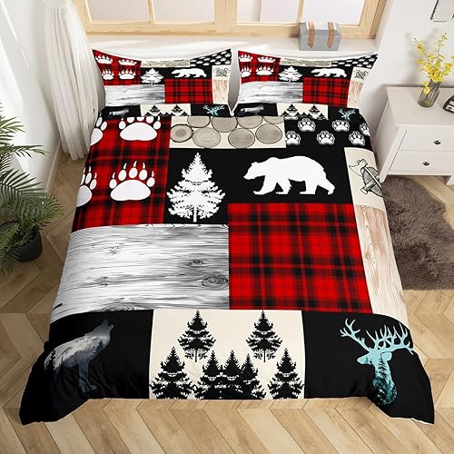 Manfei Juego de funda de edredón de aventura de campamento, tamaño matrimonial, funda de edredón de retazos a cuadros rojos con 2 fundas de