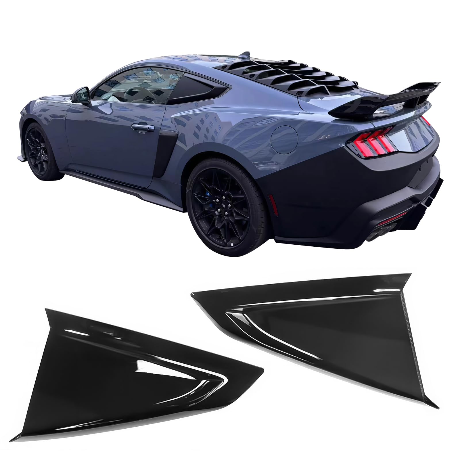 IKON MOTORSPORTS Side Window Louver Compatible with 2024-2025 Ford Mustang 7th Gen S650 Coupe 2-Door, V Style ABS Plastic Gloss Black Rear Air Vent Scoop Shades Cover Blinds Trim