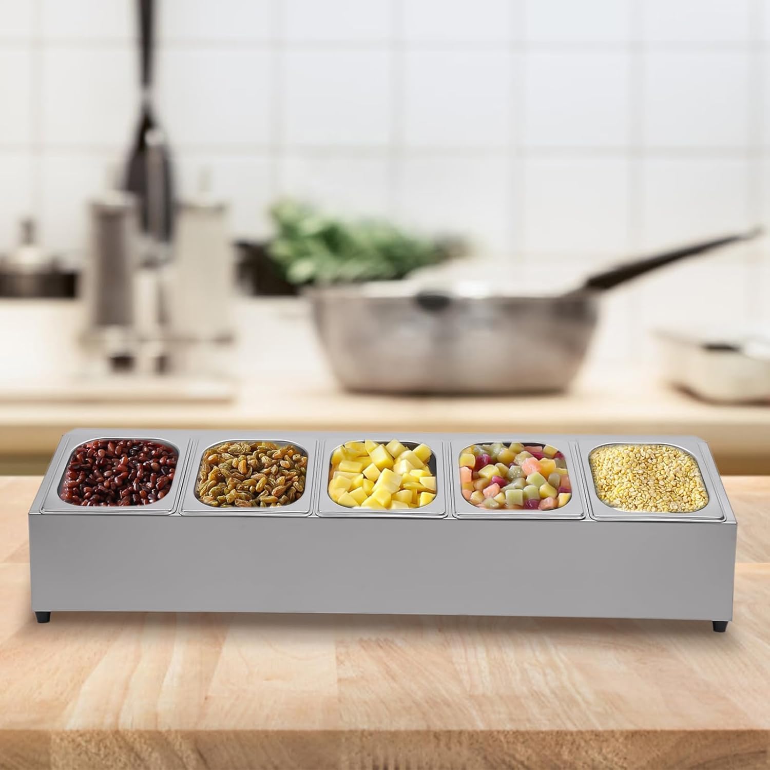 Pizza Toppings Station Storage Condiment Organizer Divider Food Container with 5 Pans & Lids, Stainless Steel Kitchen Condiment Divider Pizza Prep Ingredients Holder, Grill Table Serving Tray - Image 4