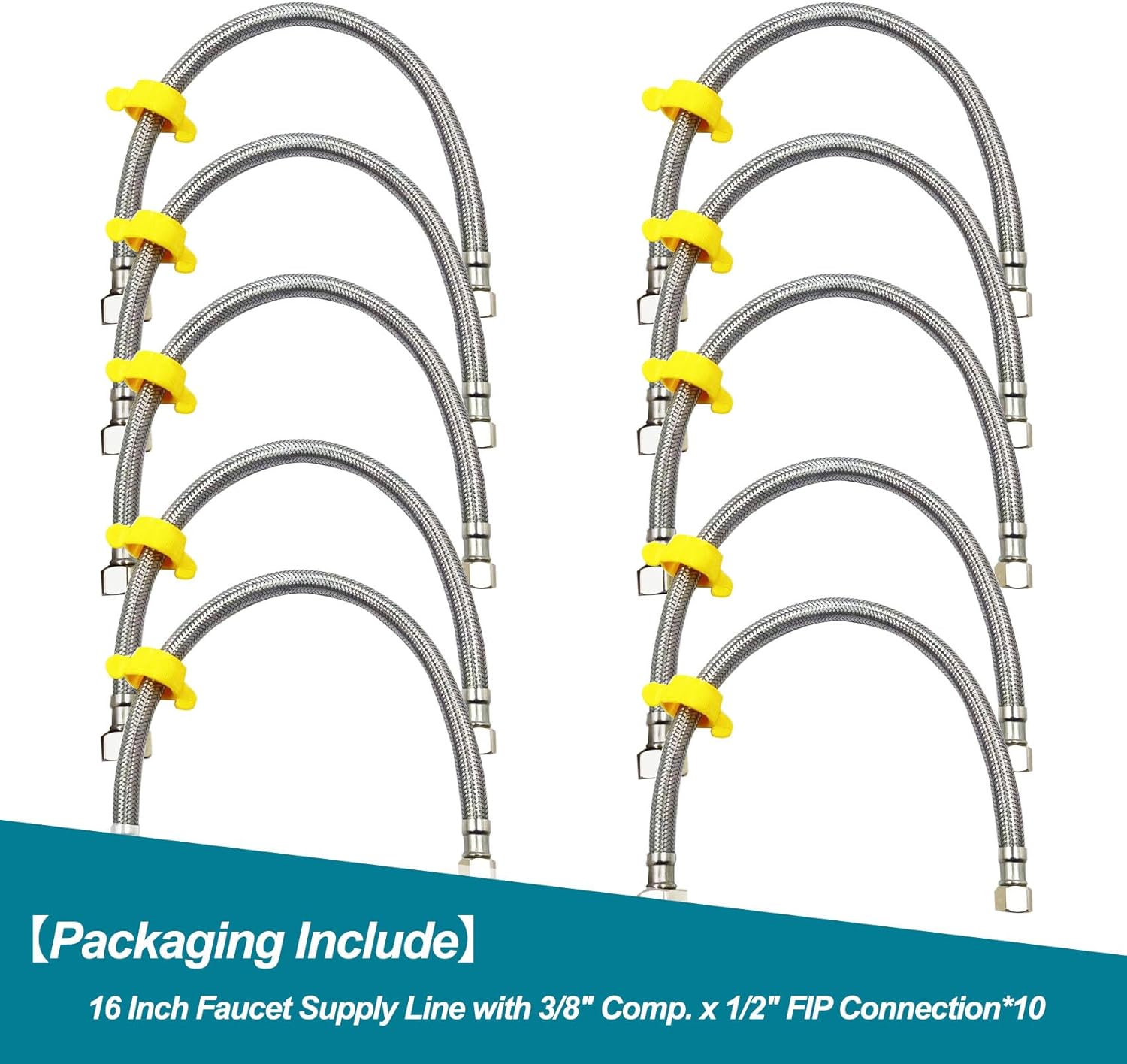 10PK 16 Inch Faucet Supply Lines, 3/8" Comp x 1/2" FIP Sink Hose Faucet Hose Connector, for toilet hose for Bathroom Kitchen Water Supply with Stainless Steel Braided Supply Line & Faucet Hose Wrench