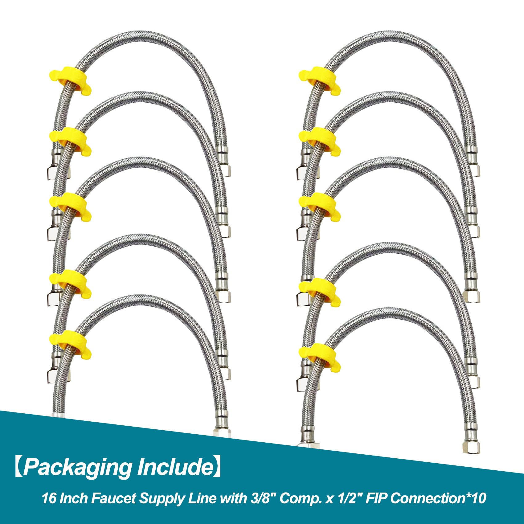 10 líneas de suministro de grifo de 16 pulgadas, conector de manguera de fregadero FIP de 3/8 pulgadas x 1/2 pulgada, para suministro de agua de baño, cocina, con línea de suministro trenzada de acero
