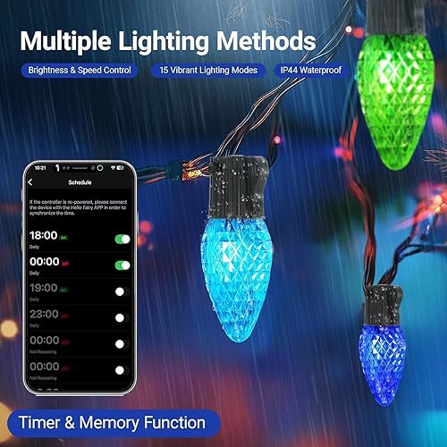 Miniatura 7 de Luces de Navidad inteligentes C9 para exteriores, 66 pies, 100 LED RGB con control remoto, sincronización de música Bluetooth con aplicación,
