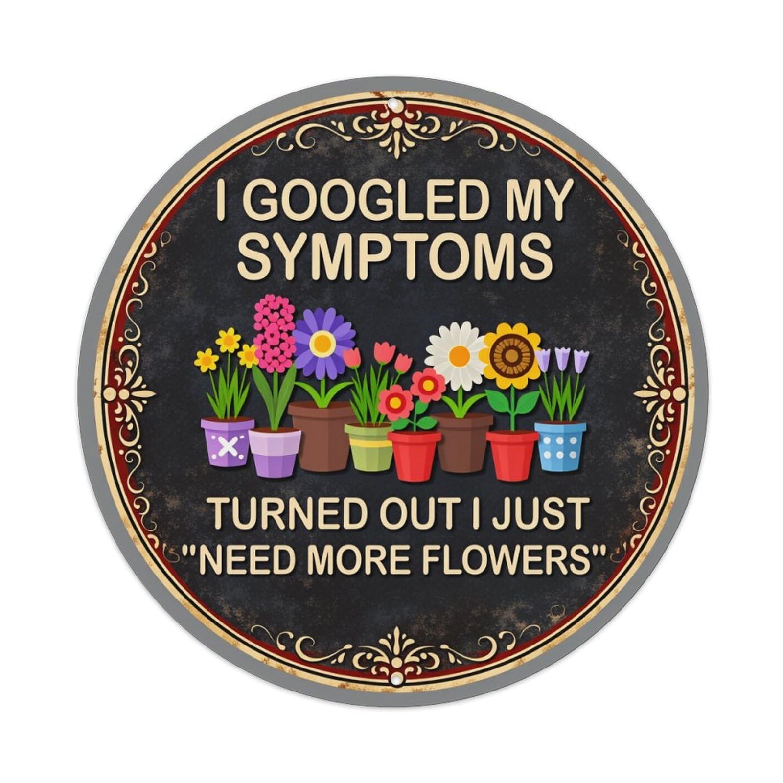 Flowers In Pots With Text Round Tin Sign Vintage Style Metal Sign Home Bar Garden Wall Plaque Decor Metal Poster 8x8 Inch