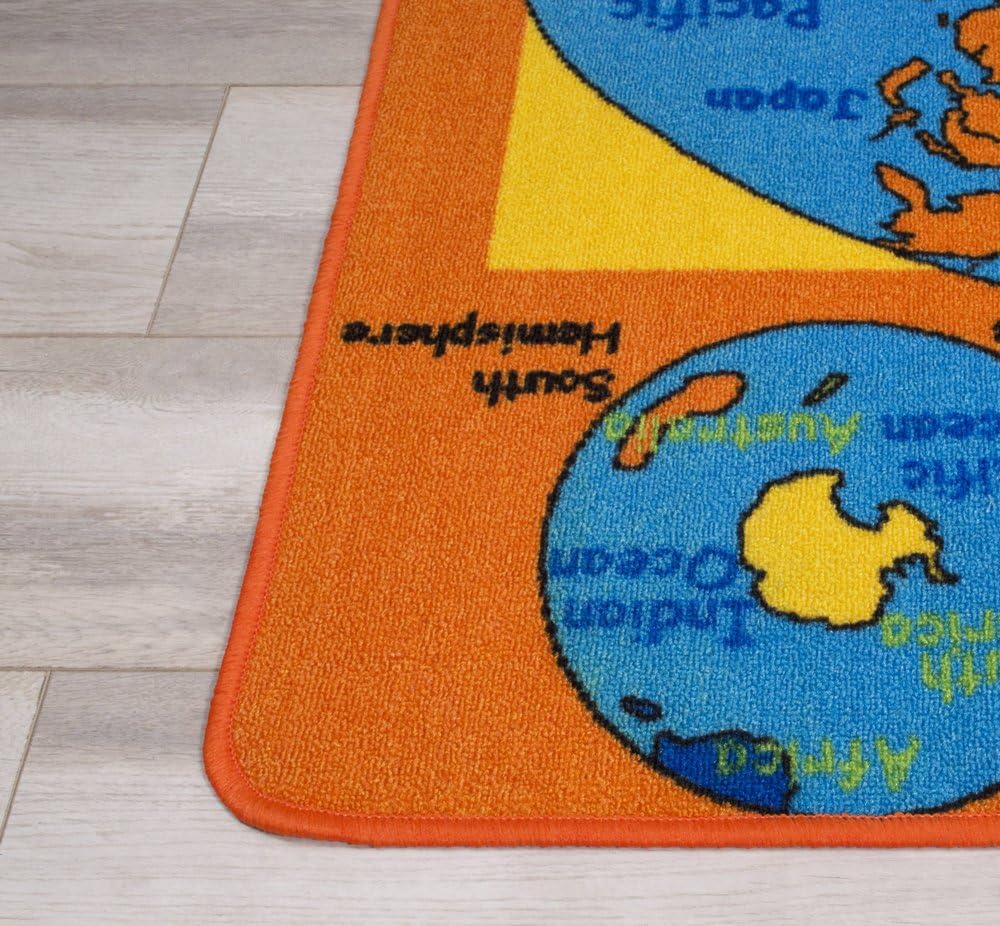 HR - World Map Rugs Kids/Boys/Girls/Children Toddler Educational Play mat for School/Daycare/Nursery Non-Slip Area Rug (Orange/Multi)
