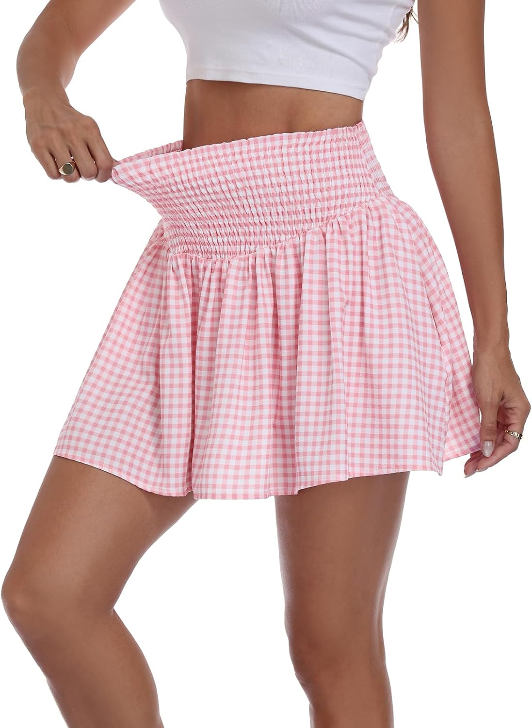 Vigorics Women’s High Waisted Gingham Mini Skirt with Built-in Shorts, A-Line Summer Casual Skort for Vacation Picnic