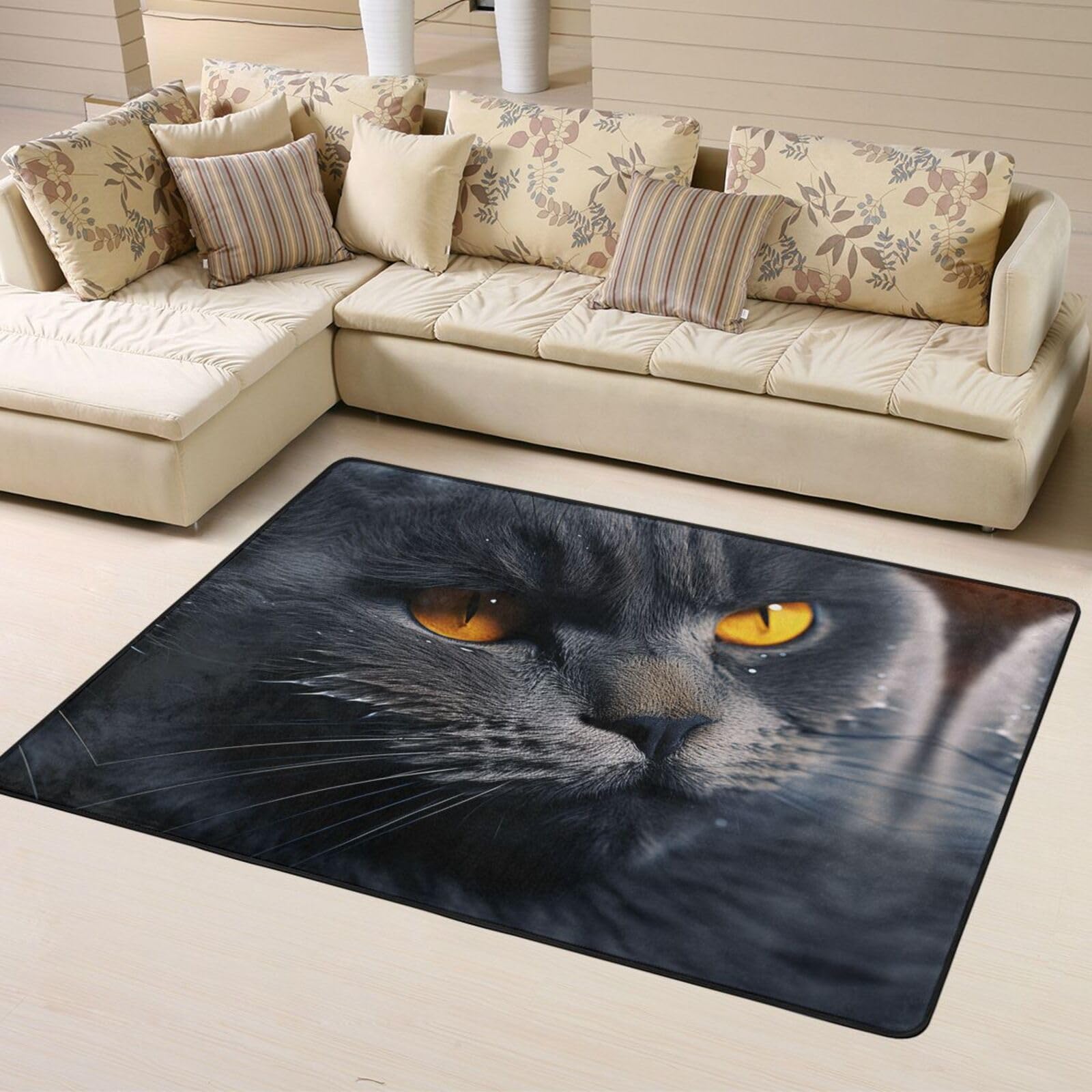 Felpudo antideslizante de franela con diseño de gatos con ojos amarillos, 63 x 48 pulgadas, para puerta delantera y trasera, para interiores y exteriores