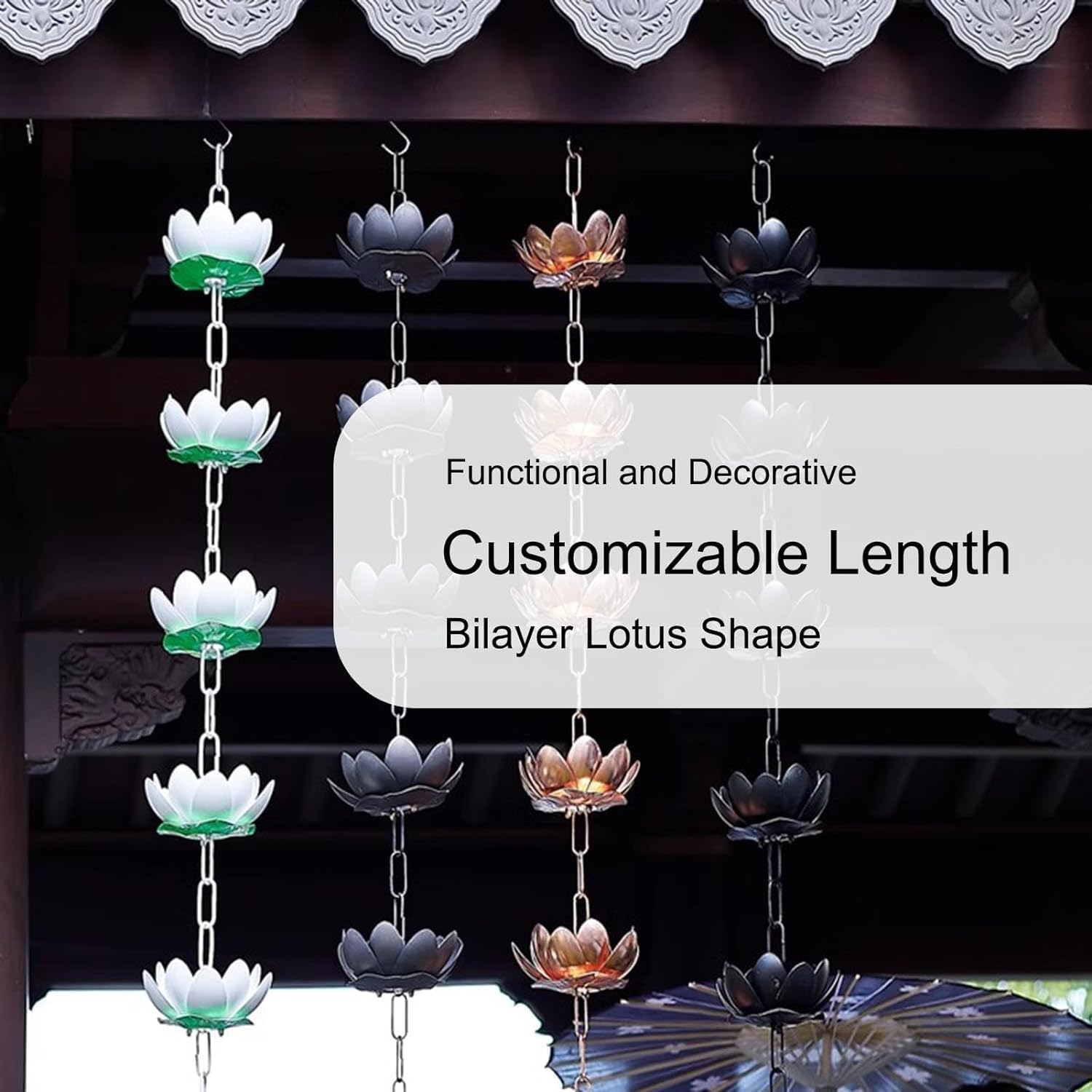 Rain Chains Rainwater Chains for Outside Gutter, Aluminium Rain Catcher Chains with Hooks Fitting(260cm/8.5ft)