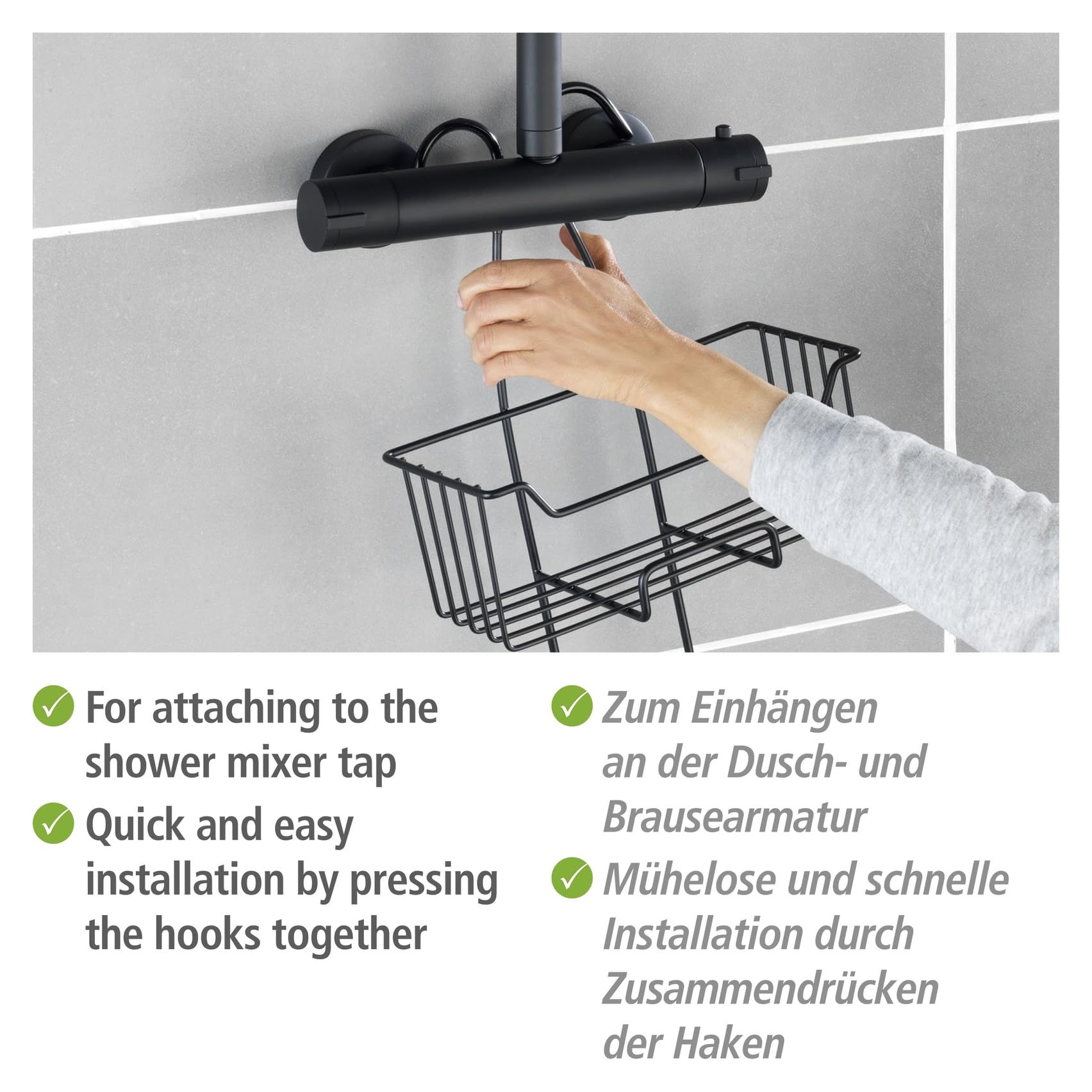 WENKO Milo – Étagère De Douche Suspendue Au Robinet 2 Paniers | Acier Inox Brillant, Sans Perçage, Très Profonde | Rangement Pratique Pour Shampoing & Gel Douche – 25 X 55 X 14 Cm