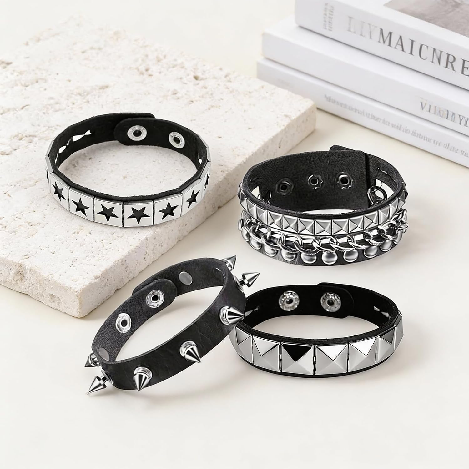 Emo Studded Spiked Leather Punk Rock Cuff Bracelets Set Goth Retro Jewelry image 3