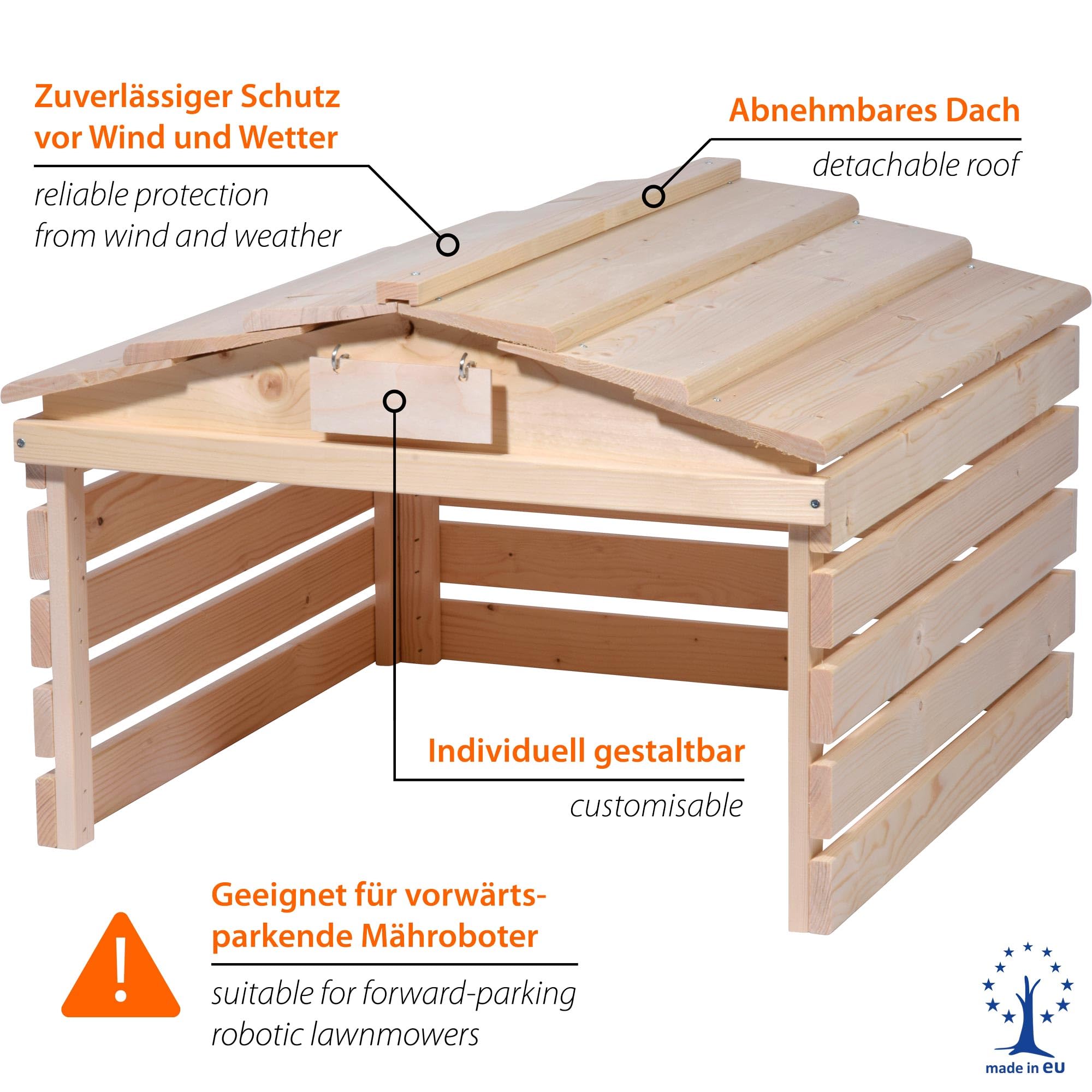 dobar® Garaje para Robot cortacésped de Madera con Techo extraíble, con Escudo Personalizable, 78,5 x 74 x 52,5 cm, Color Natural