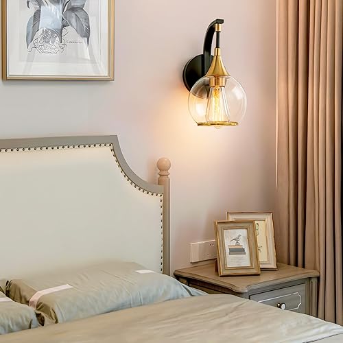 Miniatura 9 de Ymlii Aplique de pared para interiores, lámpara de pared negra y dorada con pantalla de globo de vidrio transparente de 4.9 pulgadas, luces de