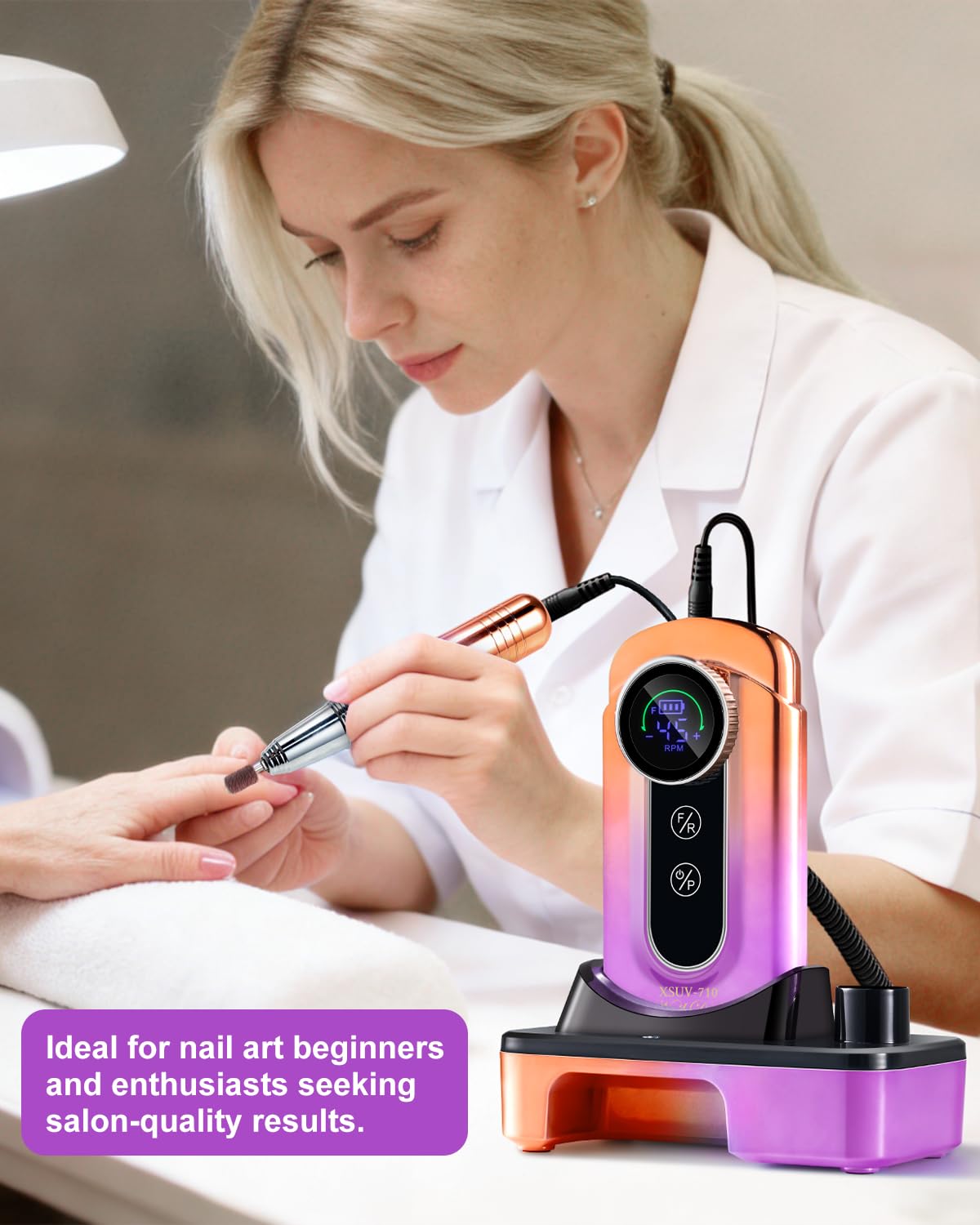 Professional Electric Nail Drill Kits 45000RPM Gradient Purple Portable Cordless 3-in-1 Nail File Machine with Rechargeable Stand and Nail Lamp for Acrylic Gel Polish Removing Home & Salon Use