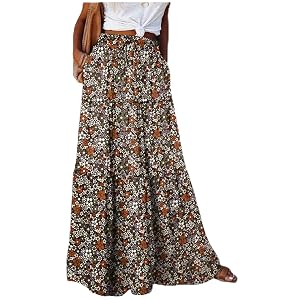 Boho Maxi Skirts for Women Floral Trendy Summer Long Flowy A Line Skirt Smocked Tiered Beach Travel Vacation
