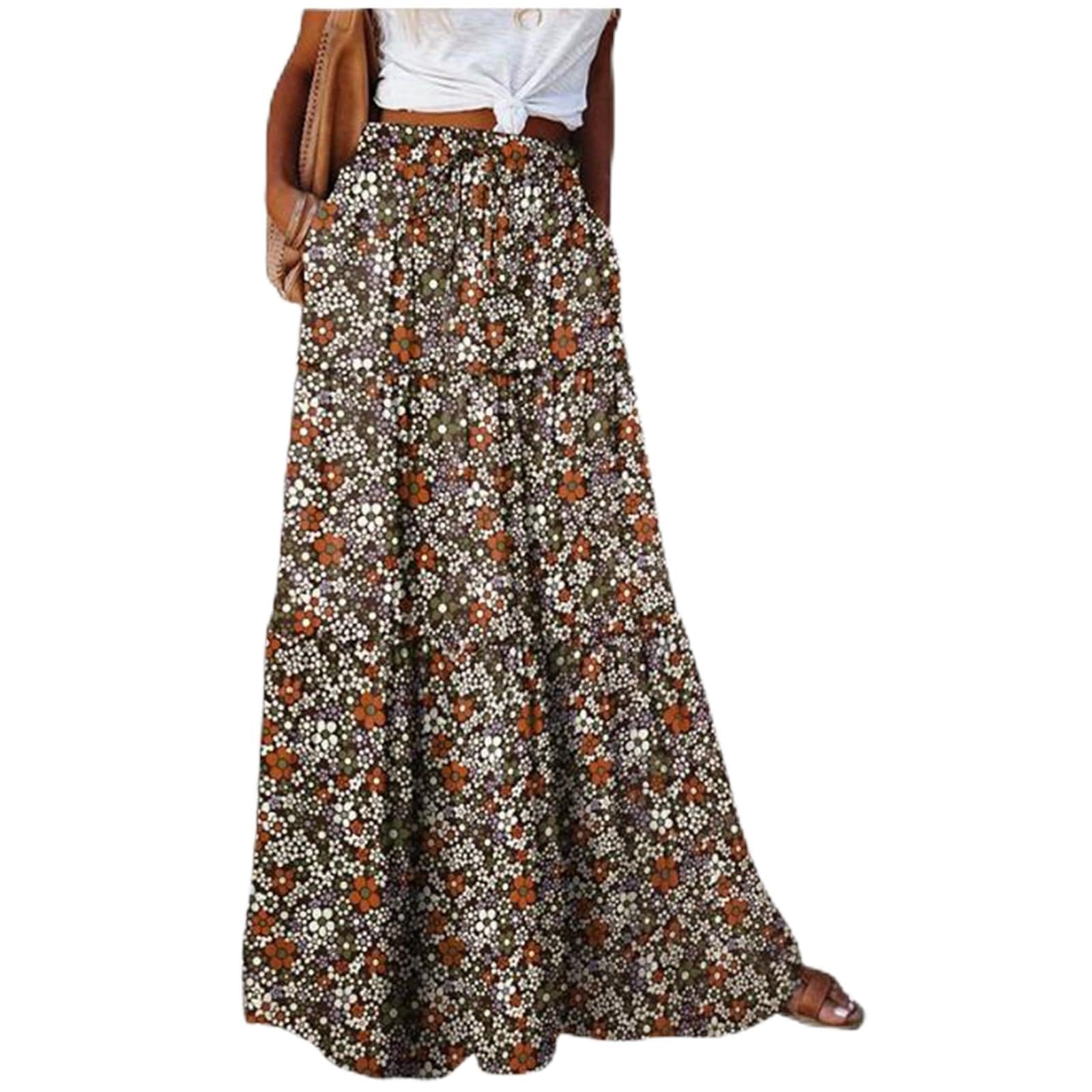 Boho Maxi Skirts for Women Floral Trendy Summer Long Flowy A Line Skirt Smocked Tiered Beach Travel Vacation