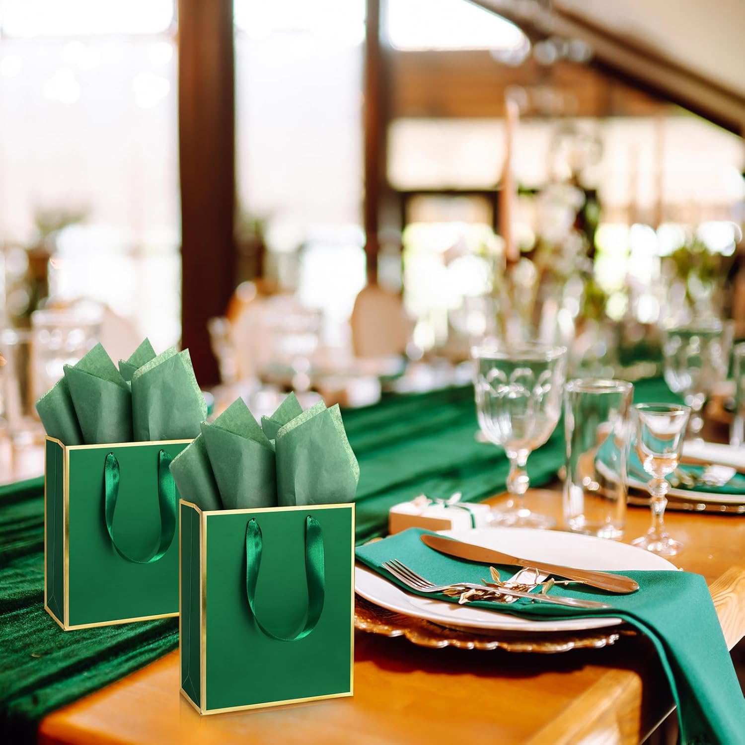 Yeaqee 10 Pack Metallic Paper Gift Bags with Handles Tissue Paper Thank You 5 Senses Gift Bag for Birthday Wedding Baby Shower Groomsmen Bridal Anniversary Favor 9 x 7 x 3.15''(Green, Gold) - Image 8