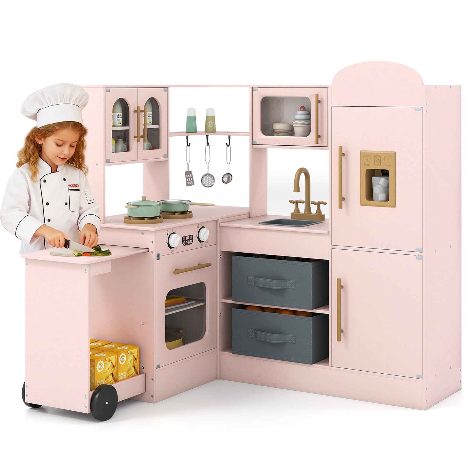 COSTWAY Kinderküche mit Licht und Sound, Eck Spielküche mit ausziehbarer Arbeitsplatte, Spüle, Herd, Ofen & Kühlschrank, Spielzeugküche inkl. Zubehör & Stoffkörben, für Kinder ab 3 Jahren (Rosa)