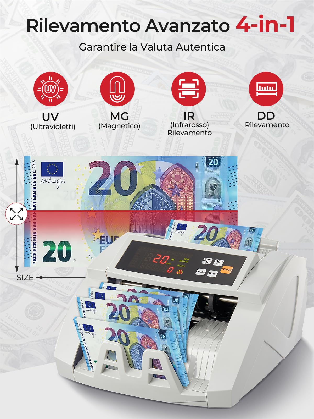 FOHERE Macchina conta Banconote, Macchina conta Soldi Professionale con Rilevamento Falsi UV/MG/IR/DD, 1100 Banconote al Minuto, Display LCD, Modalità Valore e Lotto per Negozi, Banche e Ristoranti