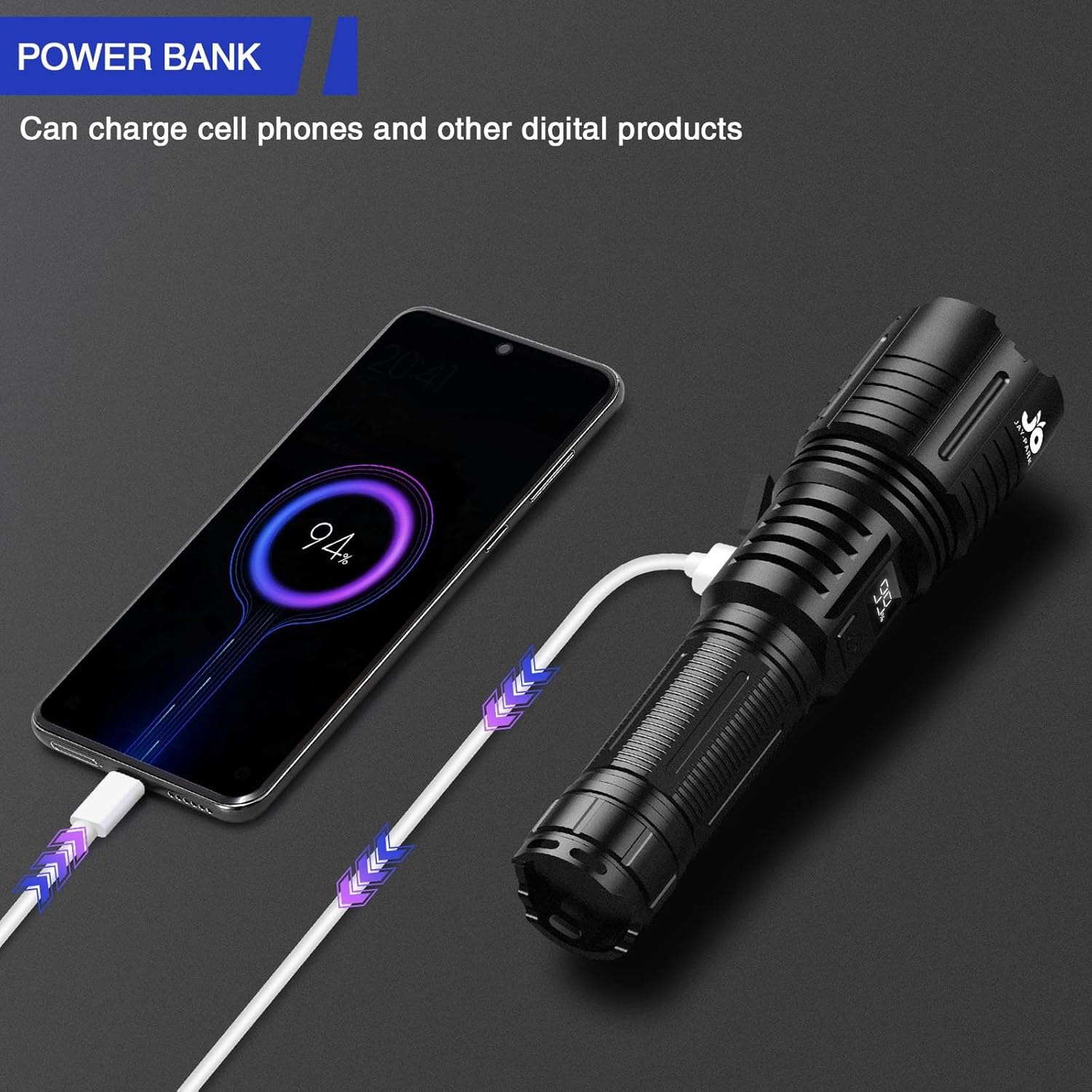 JAY-PARK F88 Flashlight connected to a smartphone via USB cable, charging the phone.