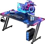 63 Inch Gaming Desk with LED Lights Carbon Fibre Surface Gaming Table Large Computer Desk Ergonomic Home Office Desks Z Shaped PC Gamer Workstations with Cup Holder & Headphone Hook Black
