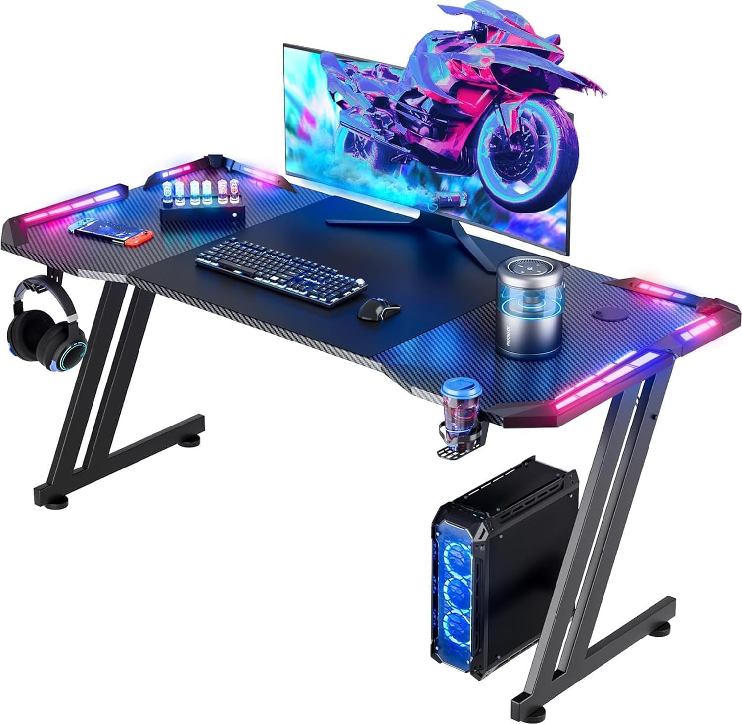 chandelierデスク Z-shaped gaming desk with LED lights and carbon fiber