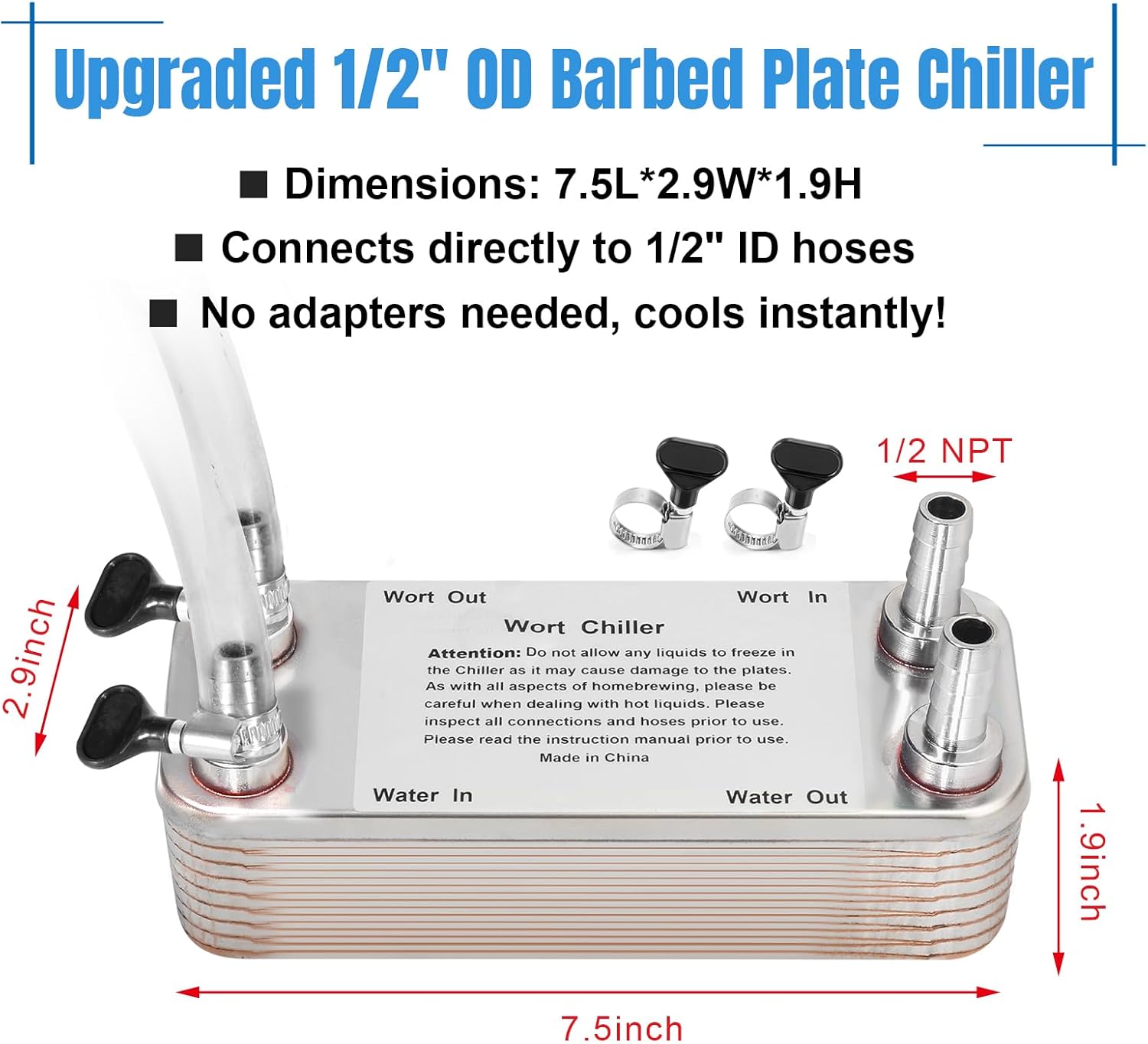 FERRODAY Wort Chiller, 20 Plate 1/2 Barb Fitting Plate wort Chiller, Stainless Steel Brazed Plate Heat Exchanger for Homebrew, beer brewing chiller Wort Cooler Heat Exchanger-7.5" x 1.9"