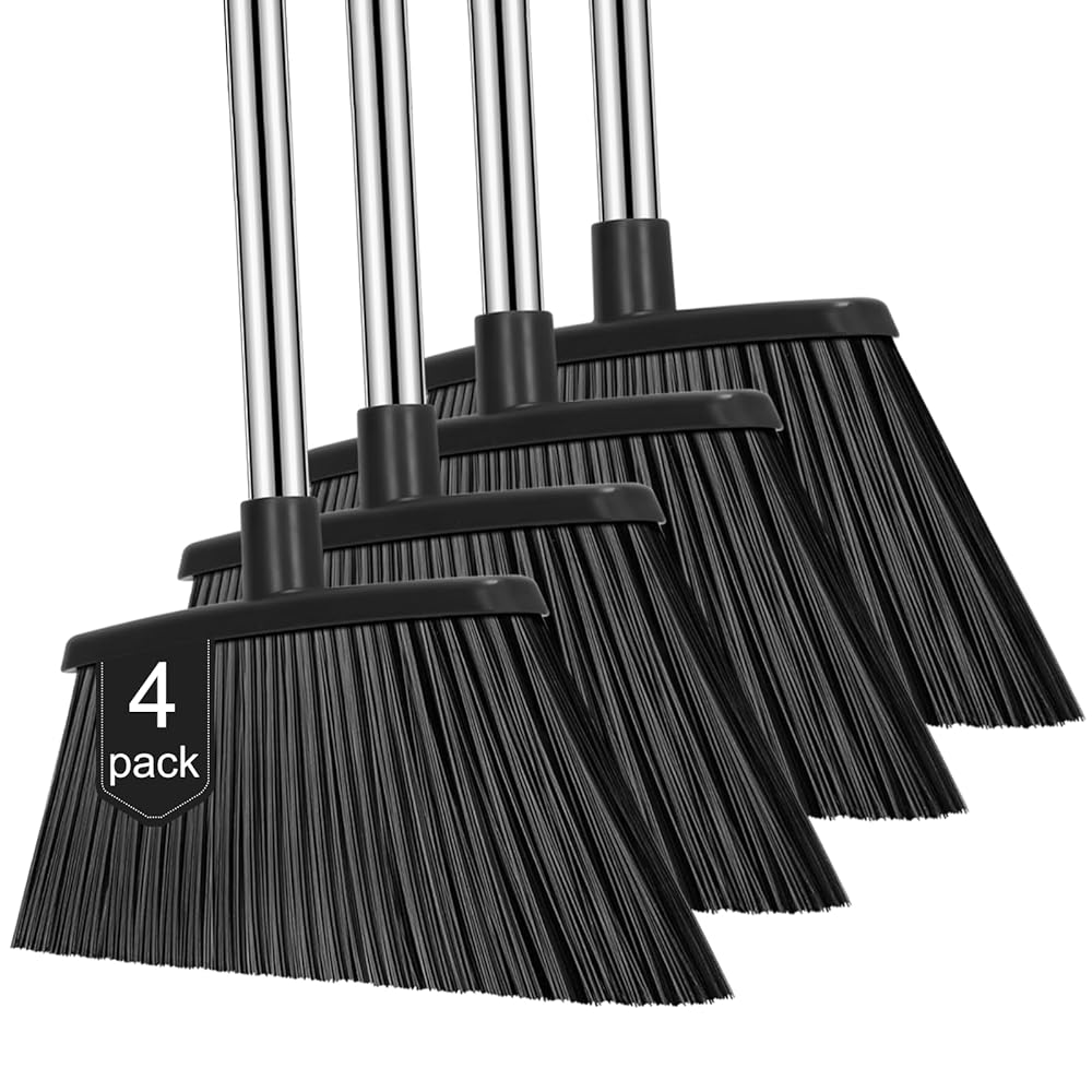 NACENA Heavy Duty Broom, 55 Inch Long Handle Outdoor Large Angle Brooms, Commercial Broom for Sweeping Indoor, for Home Garage Kitchen Office Courtyard Lobby Patio Lawn Concrete, 4 Pack (Black)