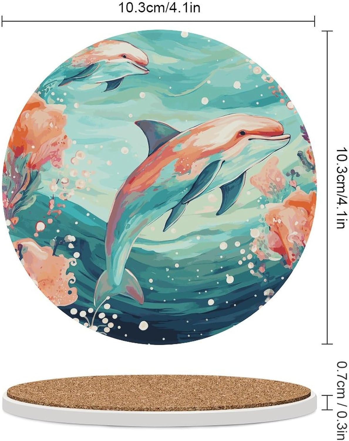 Lovely Dolphins Coasters Round Coasters Set Ceramic Stone Coaster with Cork Base Coffee Cup Beverage Cup Mat Cute Funny Table Drinks Coaster for Mugs and Cups Office Kitchen