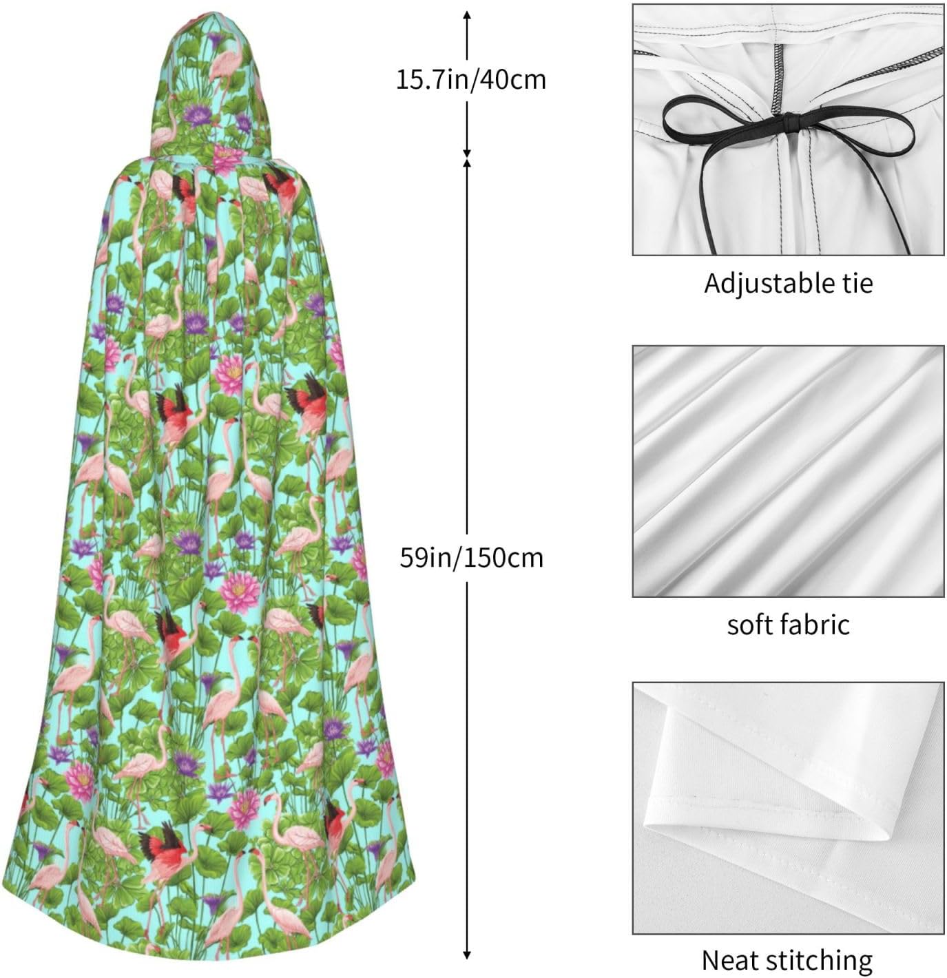 Deluxe Halloween Hooded Cape Costume Cloak Themed Party Cosplay Robe with hood Flamingo Love Flowers Print