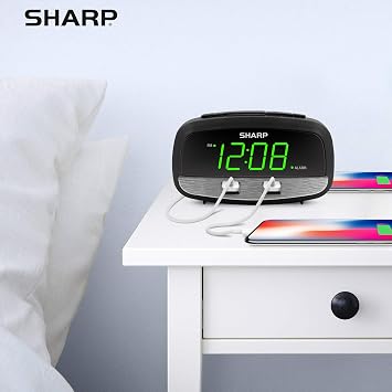 Sharp Digital Alarm Clock, Dual USB Fast Charge Ports, Green LED Display