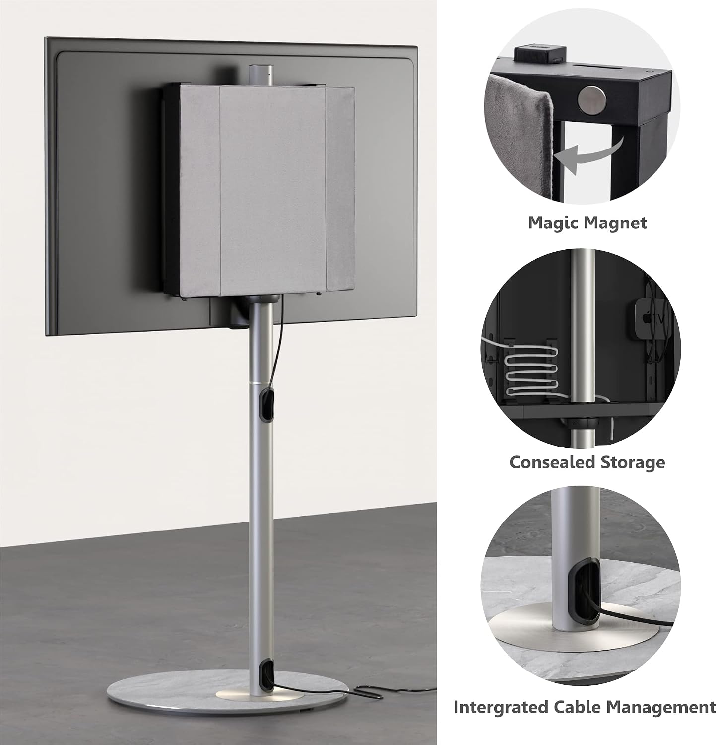 FITUEYES Design Tall TV Floor Stand for 37"-65", Modern Grey Corner TV Stand with Marble Textured Glass Base & Concealed Storage, Metal TV Stand Decor for Living Room, Master Series