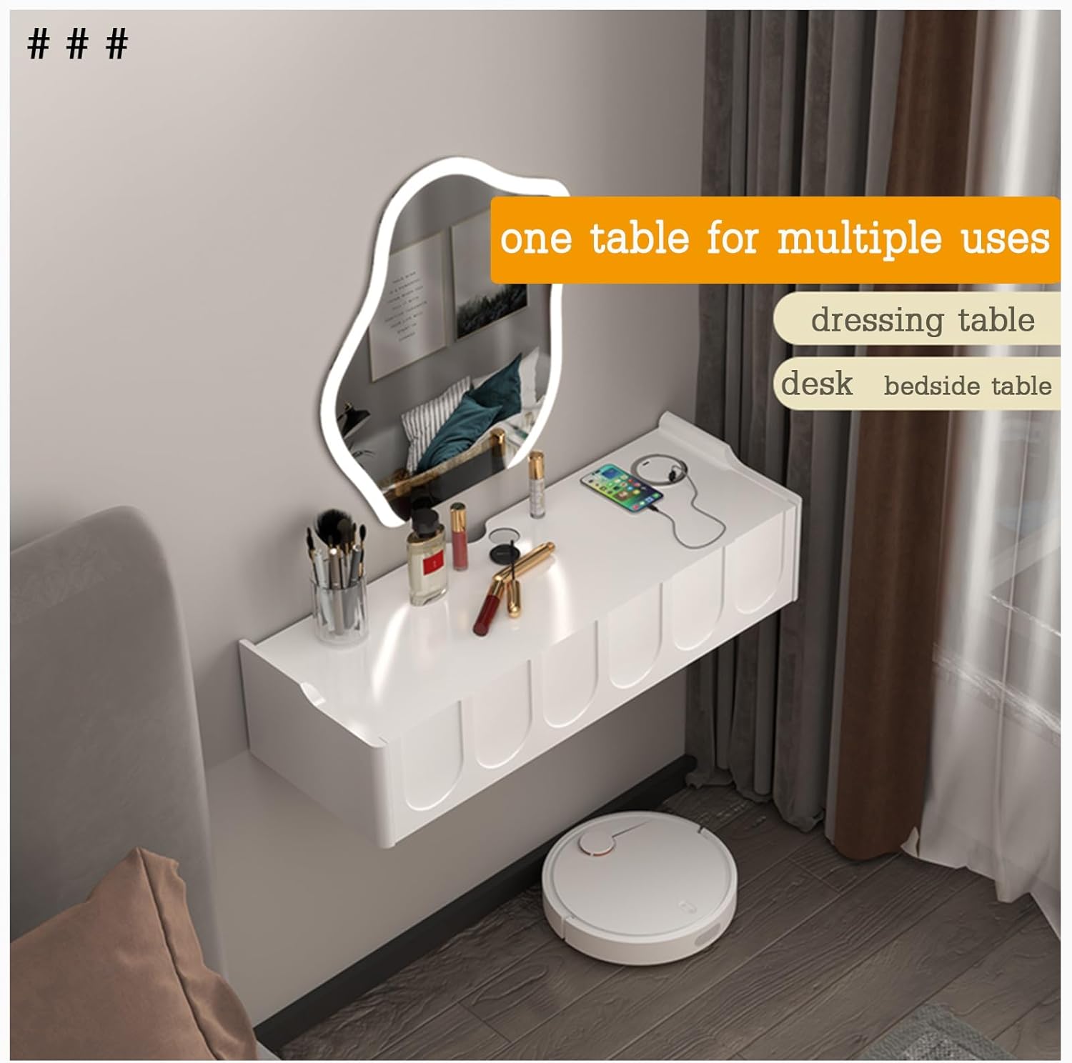Floating Makeup Vanity Table with Drawers, Wall-Mounted Dressing Desk, Simple Corner Floating Desk for Small Spaces, Modern White 60cm Makeup Station