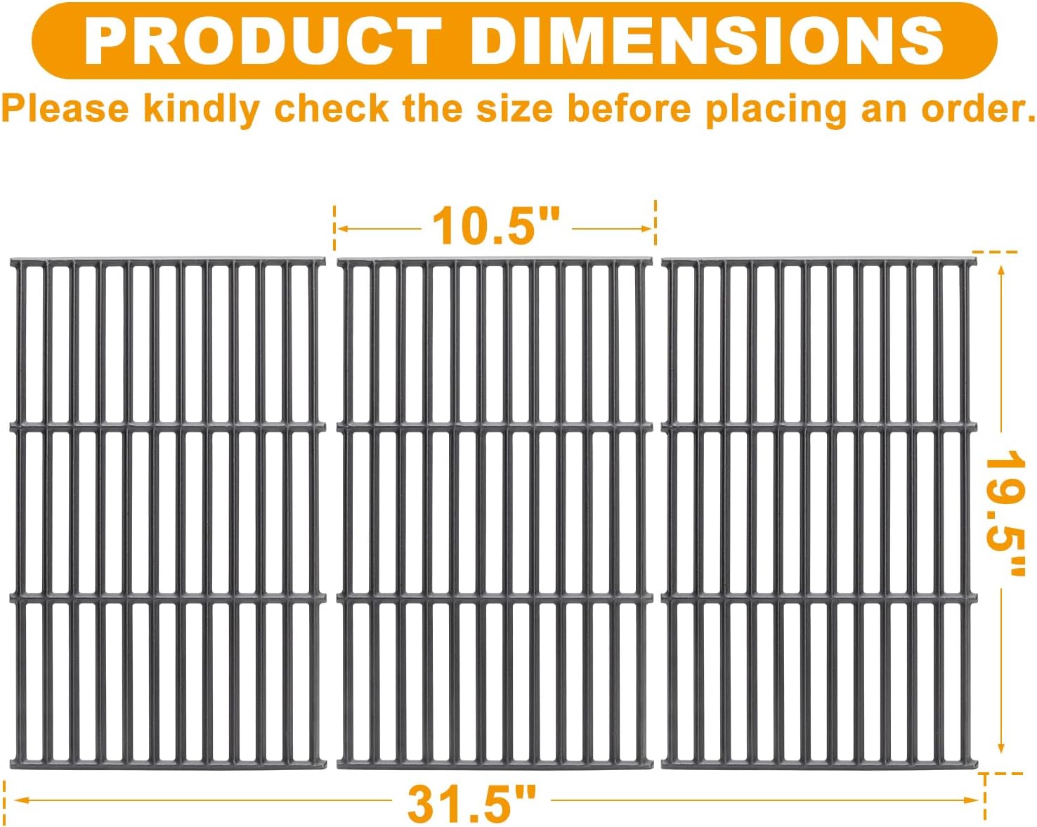 BBQ-PLUS Grill Grates Replacement Parts for Char-Griller 1624 2735 1722 1733 Smokin' Champ Charcoal Grill Horizontal Smoker, Cast Iron Cooking Grids for Chargriller Grill Parts, 3 Pack