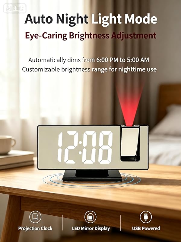 ChayWillow LED Mirror Projection Alarm Clock Natural Wood With Gold Hands – product photo 4 of 6