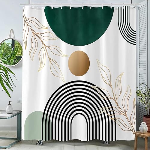 Miniatura 2 de Aipon Cortina de ducha verde de mediados de siglo para baño, cortina de ducha abstracta bohemia de tela moderna impermeable para baño con 12 ganchos