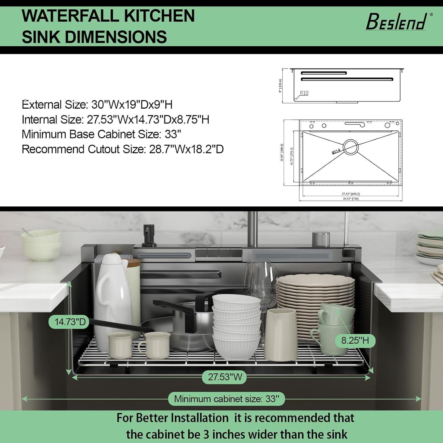 30 Inch Waterfall Kitchen Sink - Beslend 30x19 Drop In Waterfall Sink Nano Black Workstation Smart Sinks 16 Gauge Stainless Steel Single Bowl Black Basin with Faucet Combo