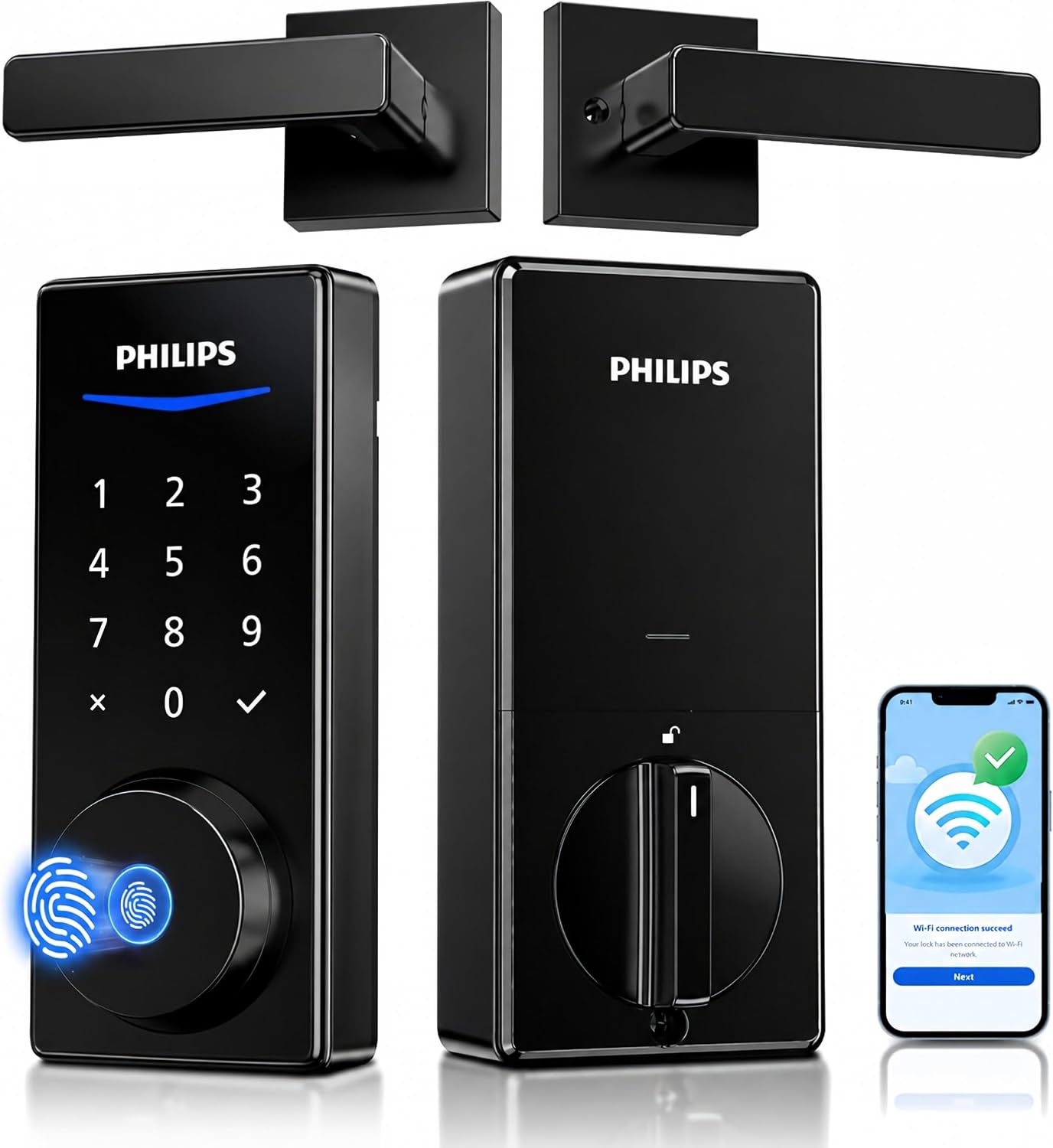 Wi-Fi Smart Deadbolt Lock with 2 Handle, Keypad Front Door Lock Set | Code / Fingerprint / APP Unlock, Remote Access, Alexa Google Voice Unlock, Auto Lock, Built in WiF, Backlit Touchscreen