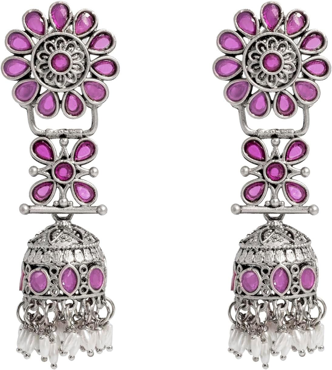 Bodha Traditional Indian Matte Silver Oxidised CZ, Crystal Studded Flower Jhumka Earring For Women-(SJE_186_P)