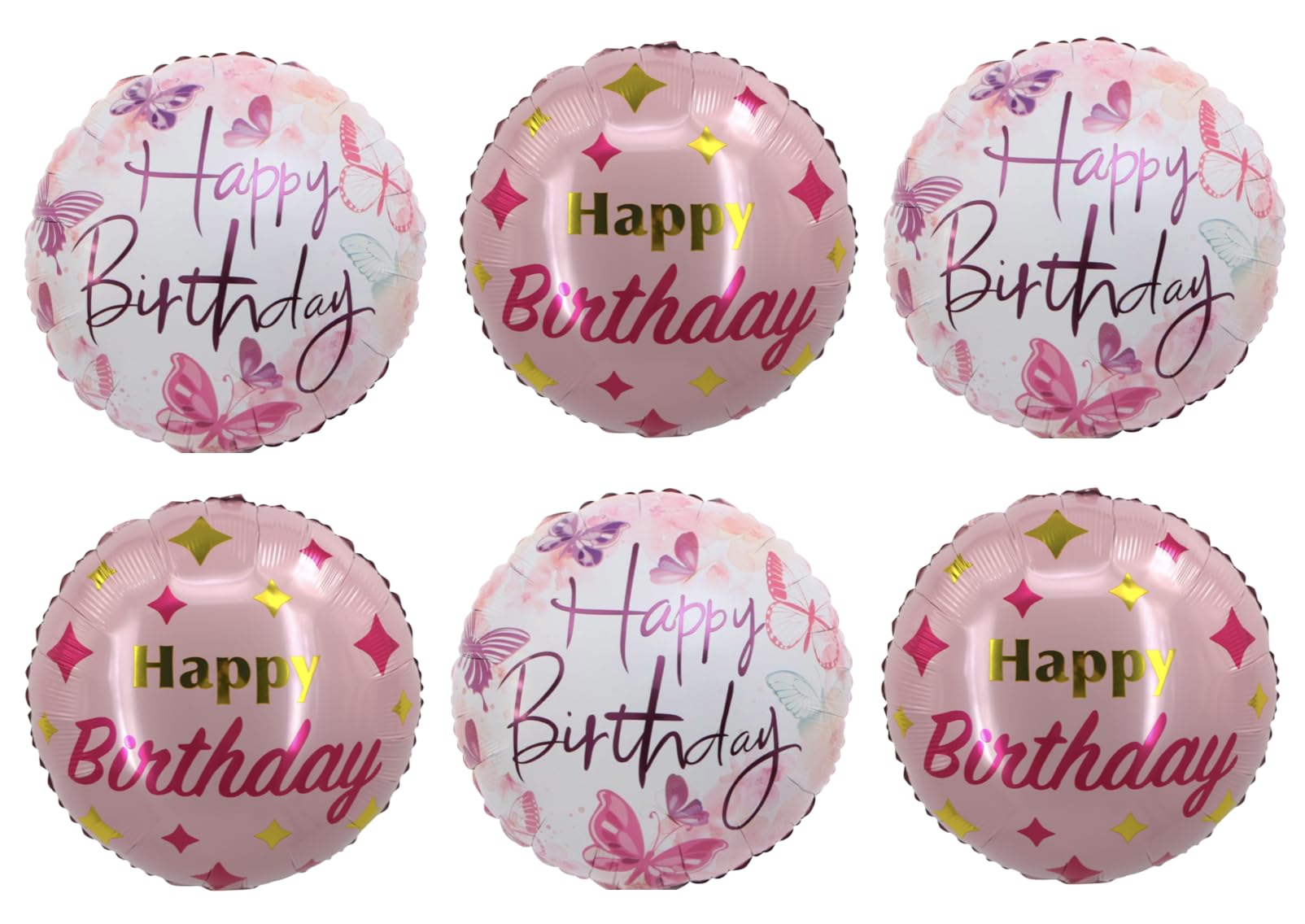 White Pink Stars Round Happy Birthday Foil Balloon - 33cm - Helium or Air Fill - Party Decoration, Birthday Celebration (6 Pack)