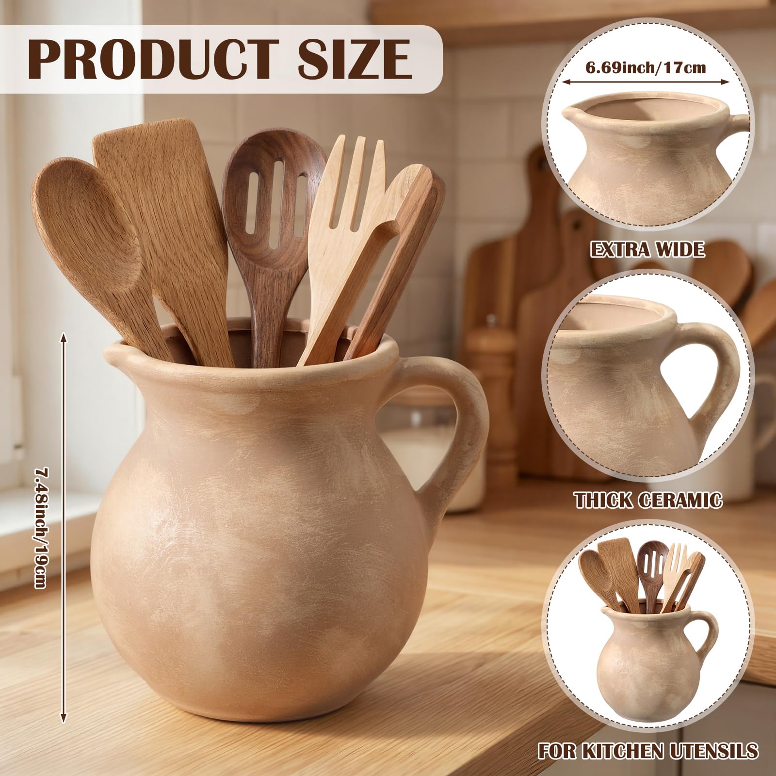 Potchen Rustikaler Küchenutensilienhalter mit Griff, 17,8 cm, Keramik, Vintage-Utensilientopf für Arbeitsplatte, Bauernhaus, Küche, Dekoration, Keramiktopf für Spatel, Löffel, Zange (klassisch