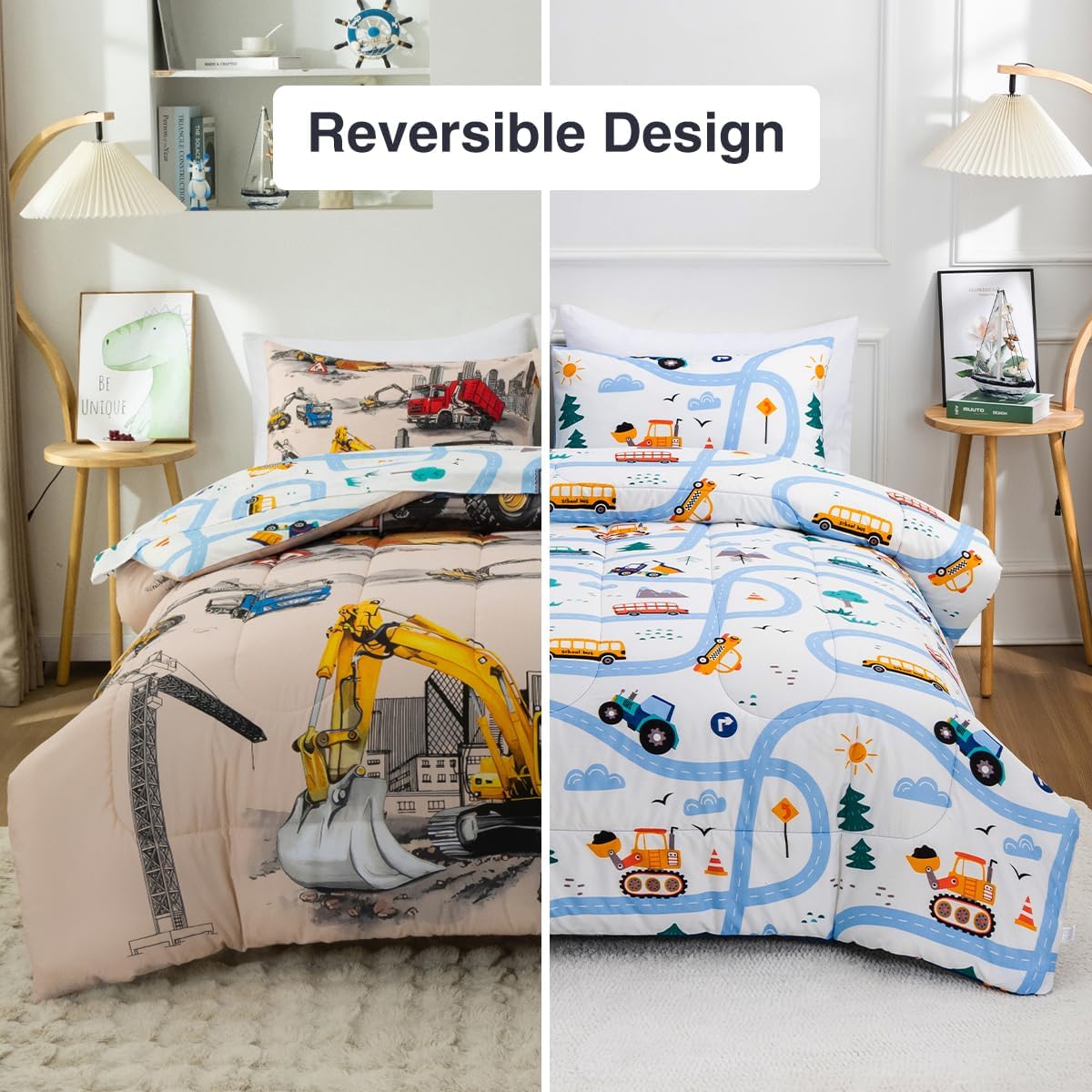 Holawakaka Trucks Tractors Cars Boy Bedding Comforter Set with Sheets, Twin Size Cartoon Construction Car Excavator Print Kids Bed in A Bag 5-Piece, Boys Reversible Dorm Bed Sets (Camel Twin) - Image 4