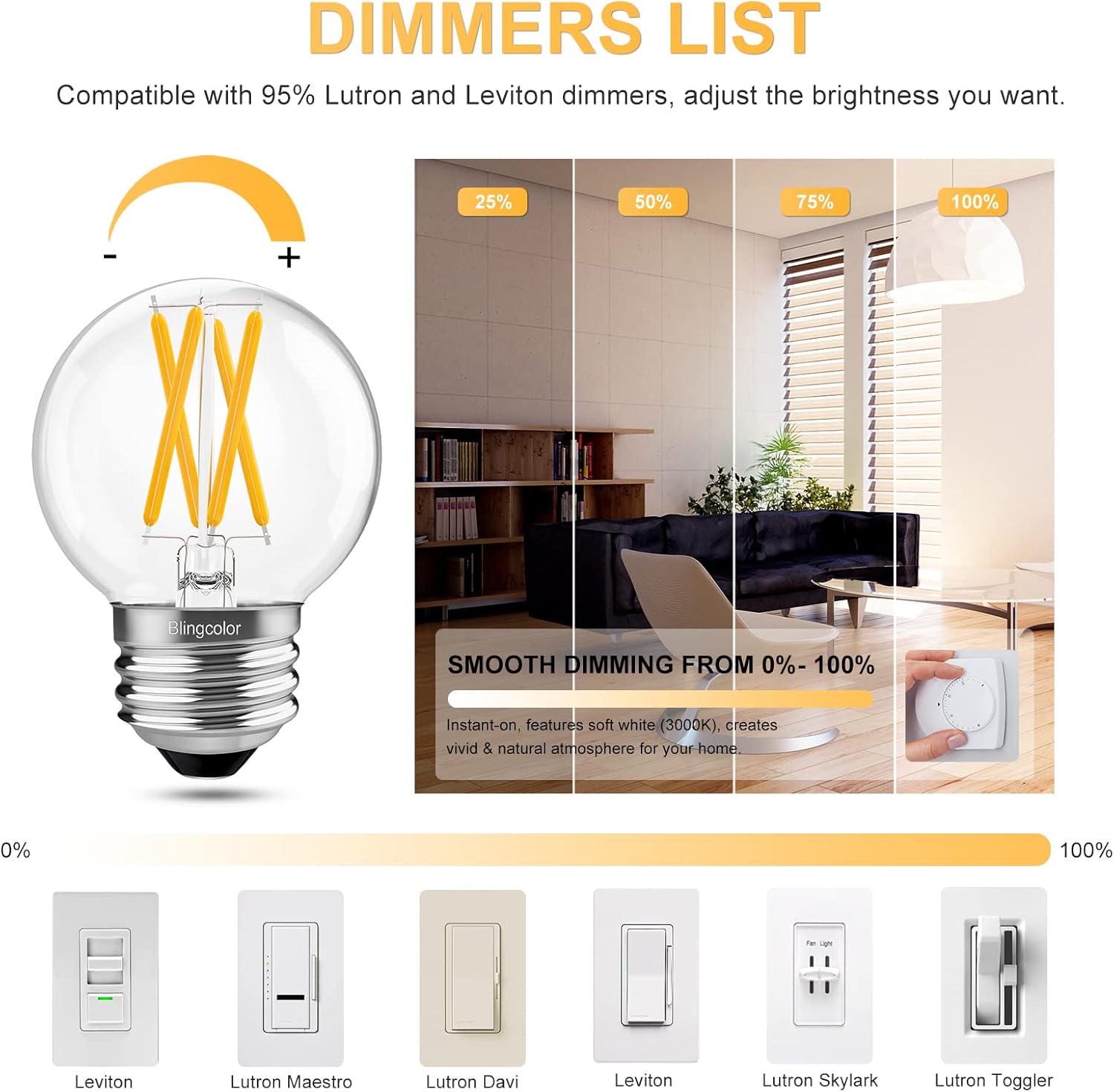 6 Pack Dimmable G16.5 LED Light Bulbs 60 Watt, E26 LED Bulbs 60 Watt Soft White 3000K, 6W E26 Globe LED Edison Small Light Bulb for Sputnik Chandelier, Vanity Lights, CRI80+, AC120V, 600lm - Image 4